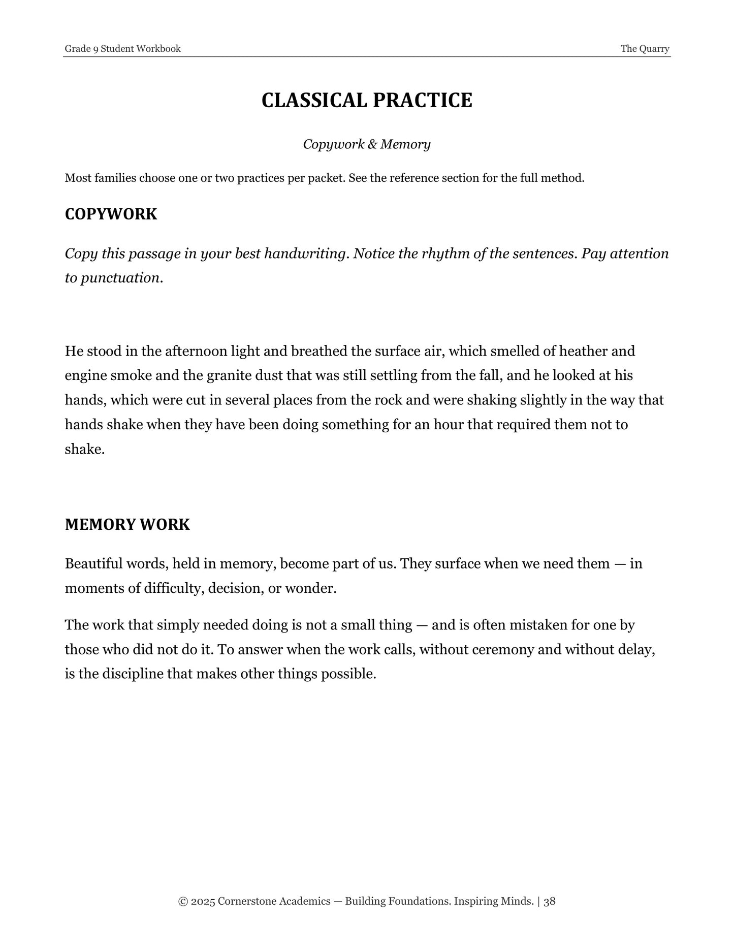 The Quarry | Grade 9 Classical Literature Packet | Cornerstone Academics