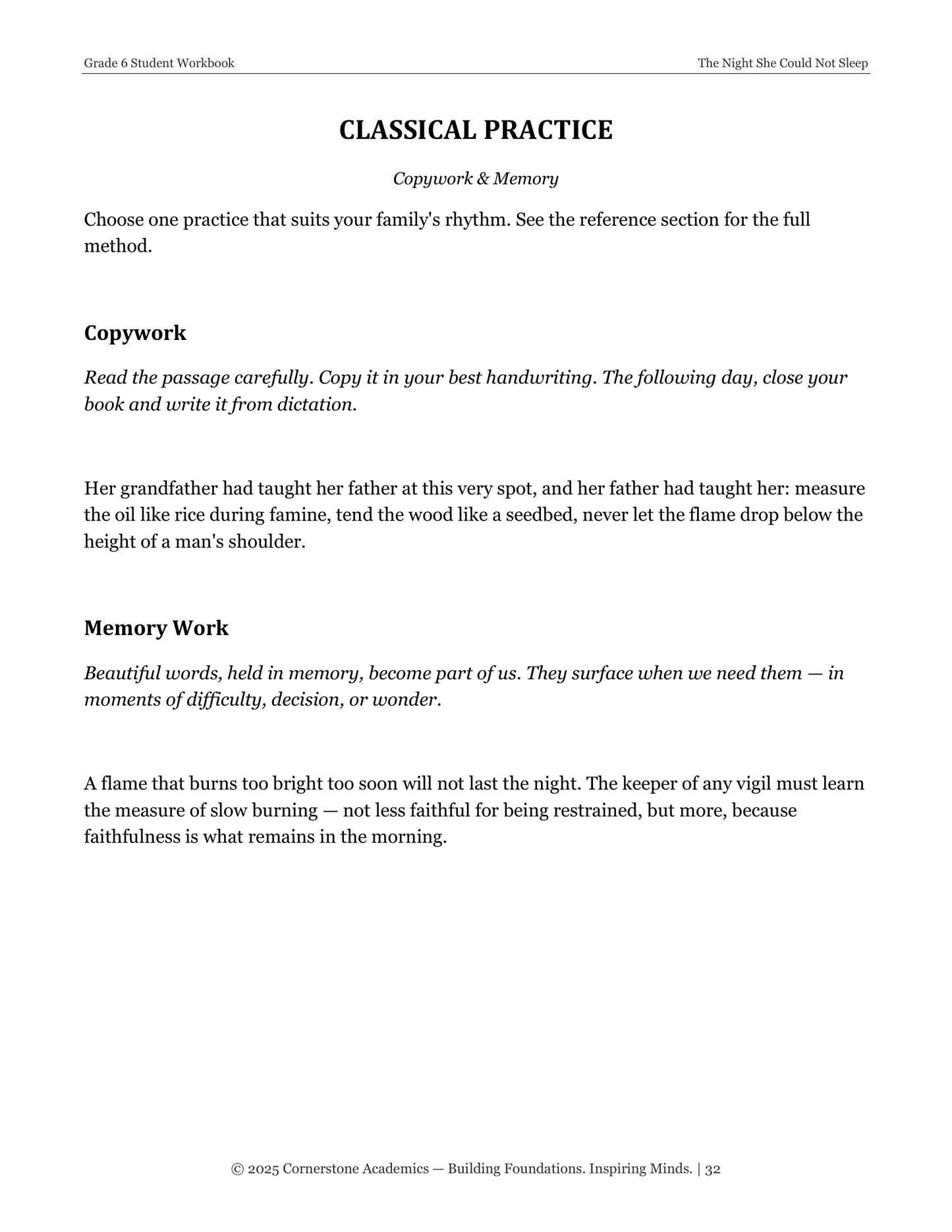 The Night She Could Not Sleep | Grade 6 Classical Literature Packet | Cornerstone Academics