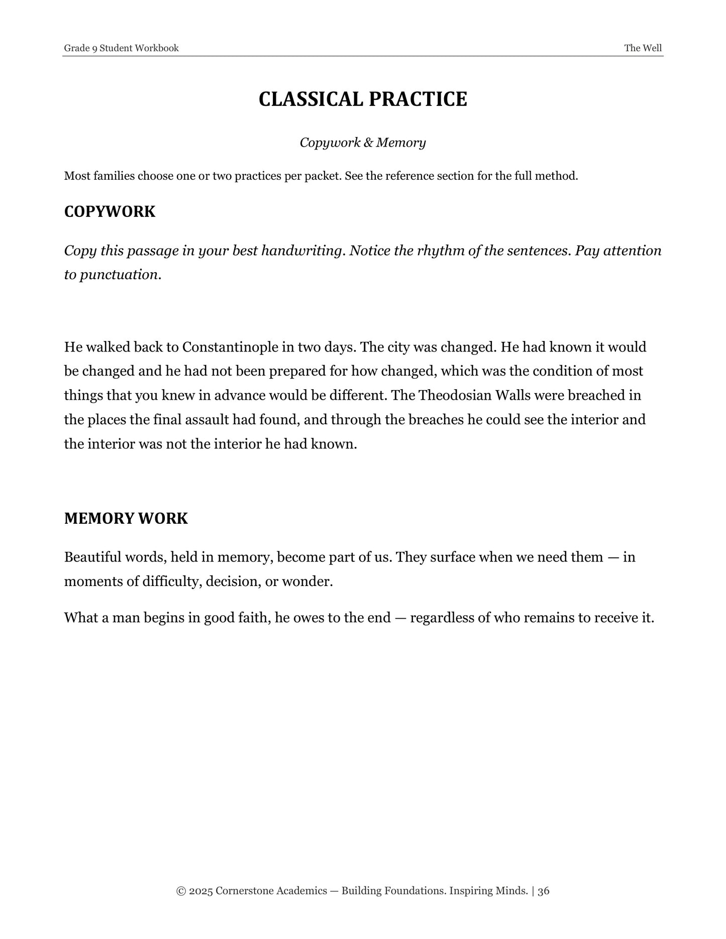 The Well | Grade 9 Classical Literature Packet | Cornerstone Academics