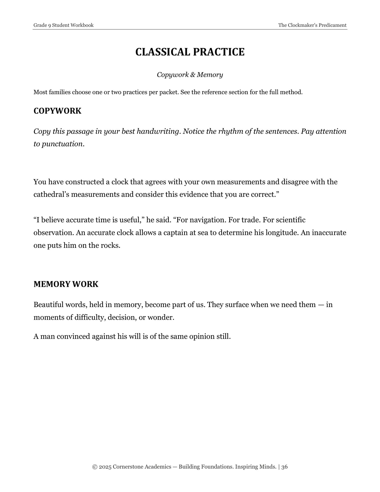 The Clockmaker's Predicament | Grade 9 Classical Literature Packet | Cornerstone Academics