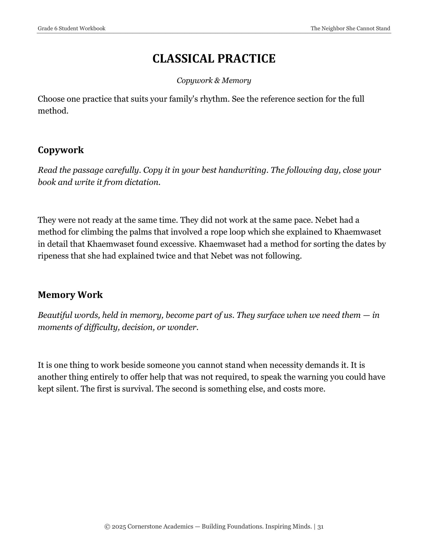 The Neighbor She Cannot Stand | Grade 6 Classical Literature Packet | Cornerstone Academics