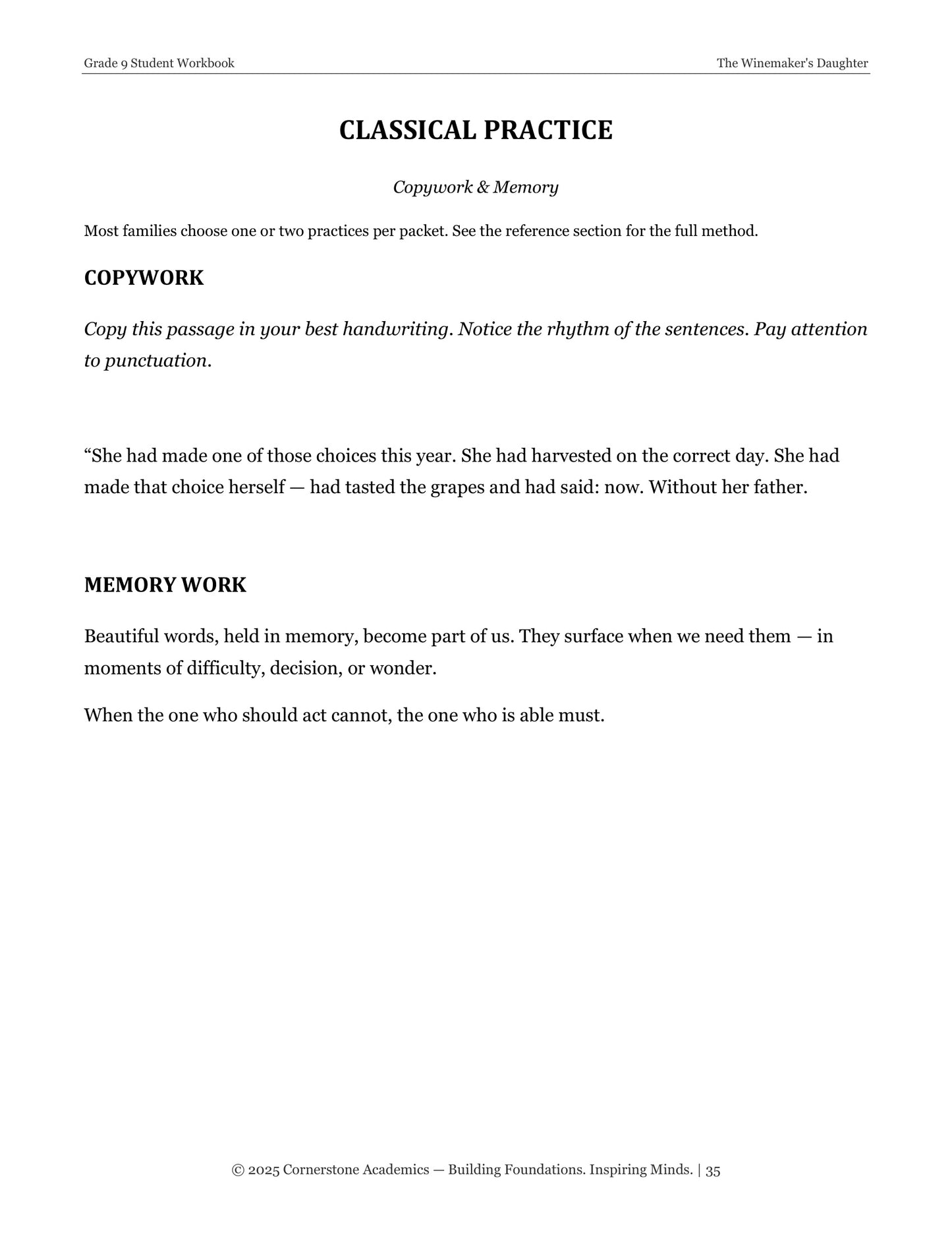 The Winemaker's Daughter | Grade 9 Classical Literature Packet | Cornerstone Academics