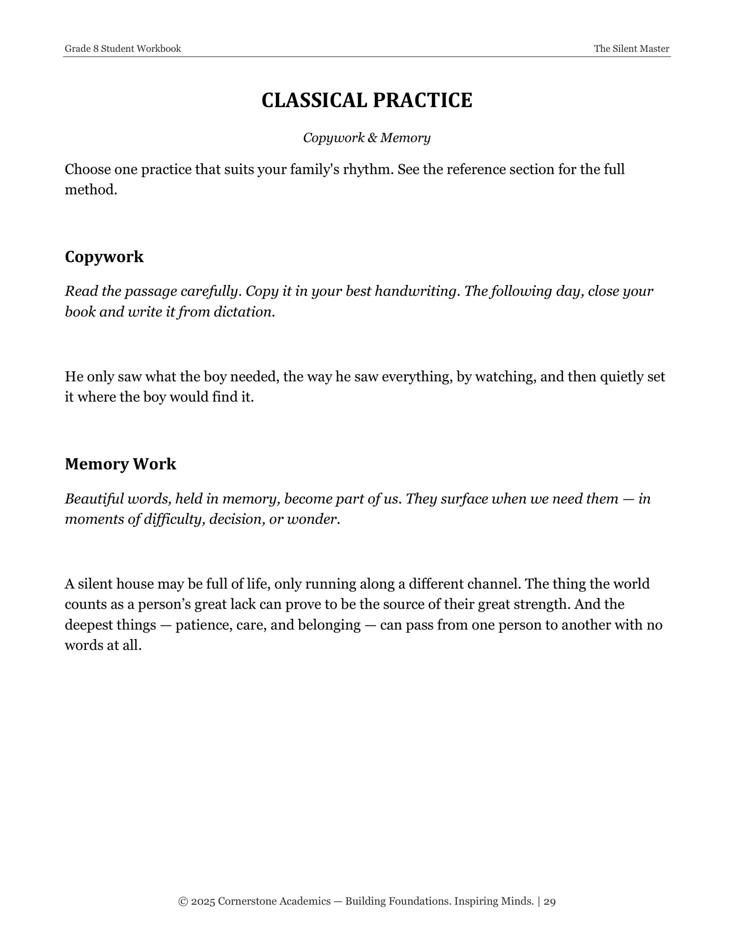 The Silent Master | Grade 8 Classical Literature Packet | Cornerstone Academics