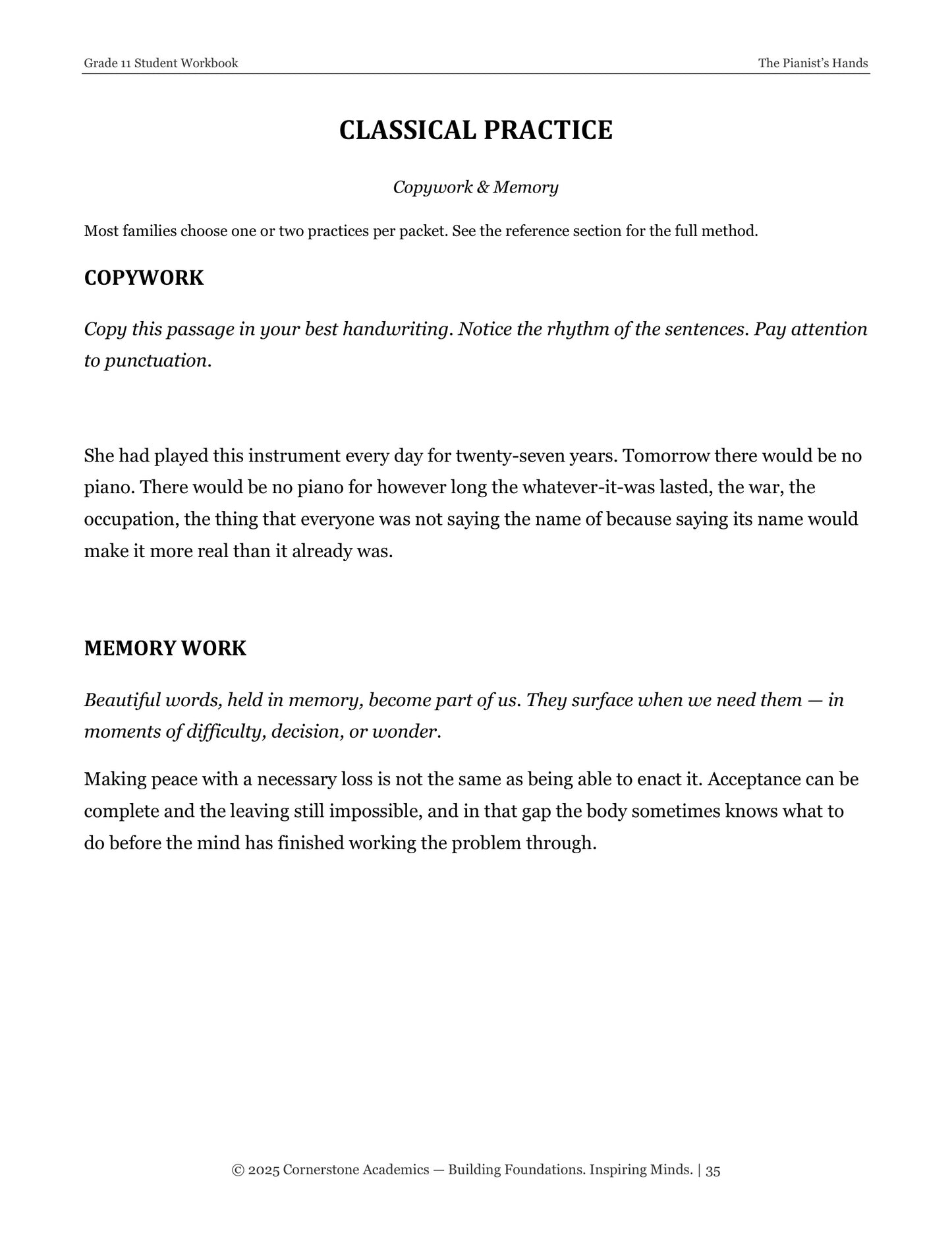 The Pianist's Hands | Grade 11 Classical Literature Packet | Cornerstone Academics
