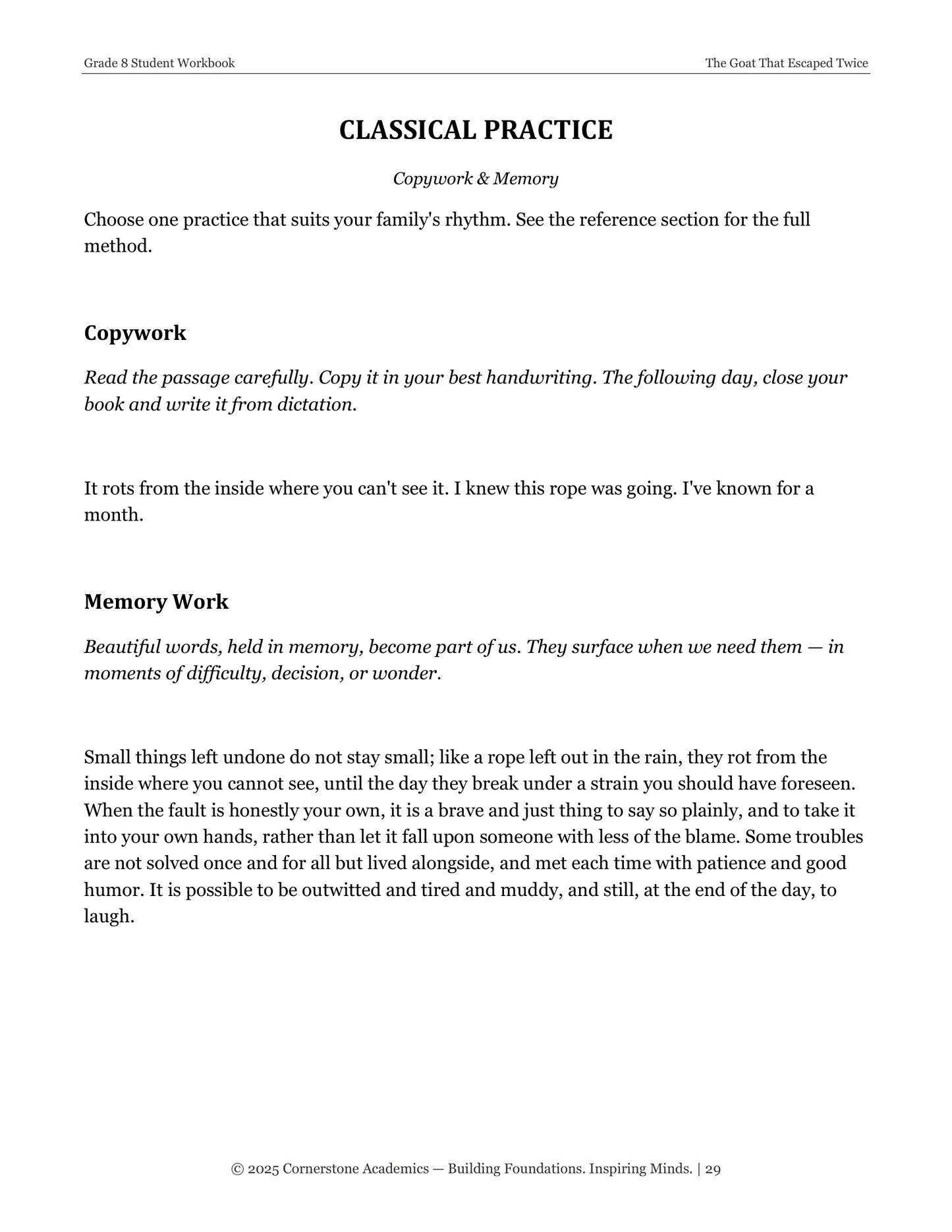 The Goat That Escaped Twice | Grade 8 Classical Literature Packet | Cornerstone Academics