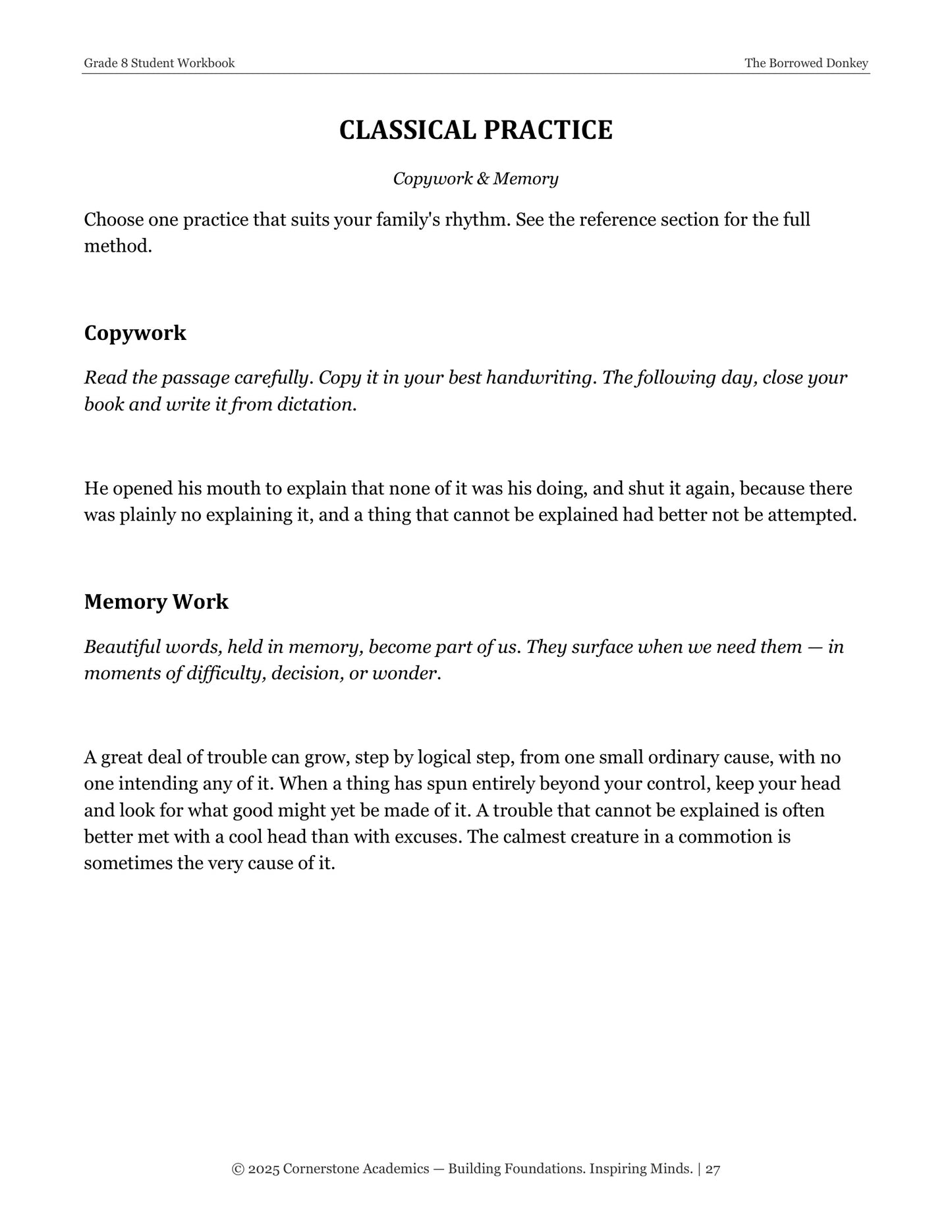The Borrowed Donkey | Grade 8 Classical Literature Packet | Cornerstone Academics