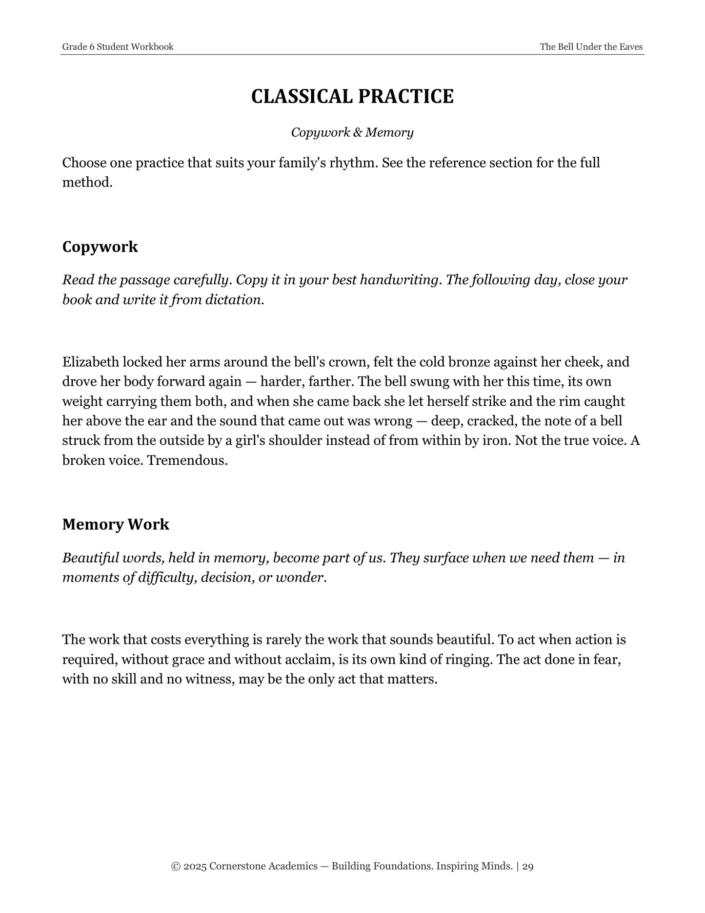 The Bell Under the Eaves | Grade 6 Classical Literature Packet | Cornerstone Academics