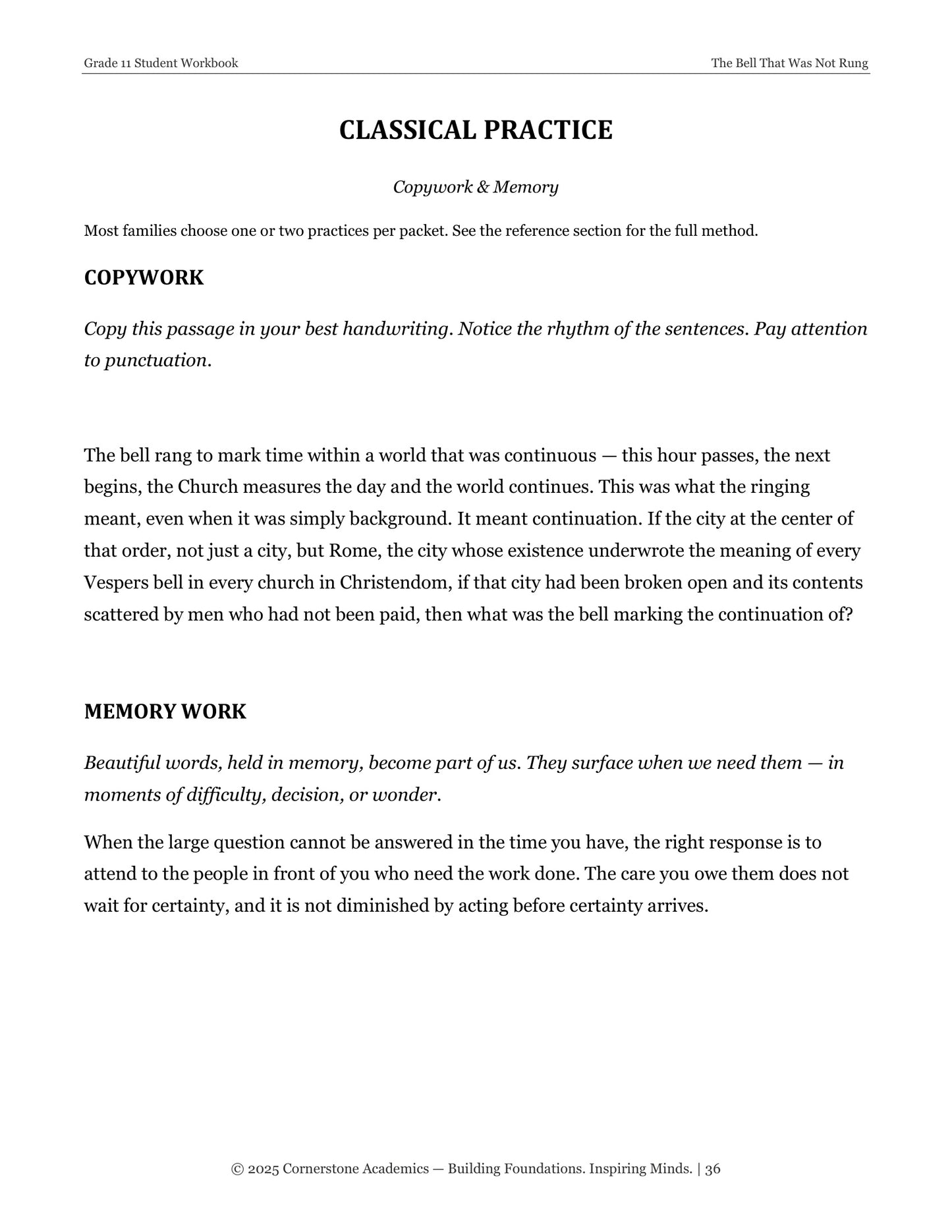 The Bell That Was Not Rung | Grade 11 Classical Literature Packet | Cornerstone Academics