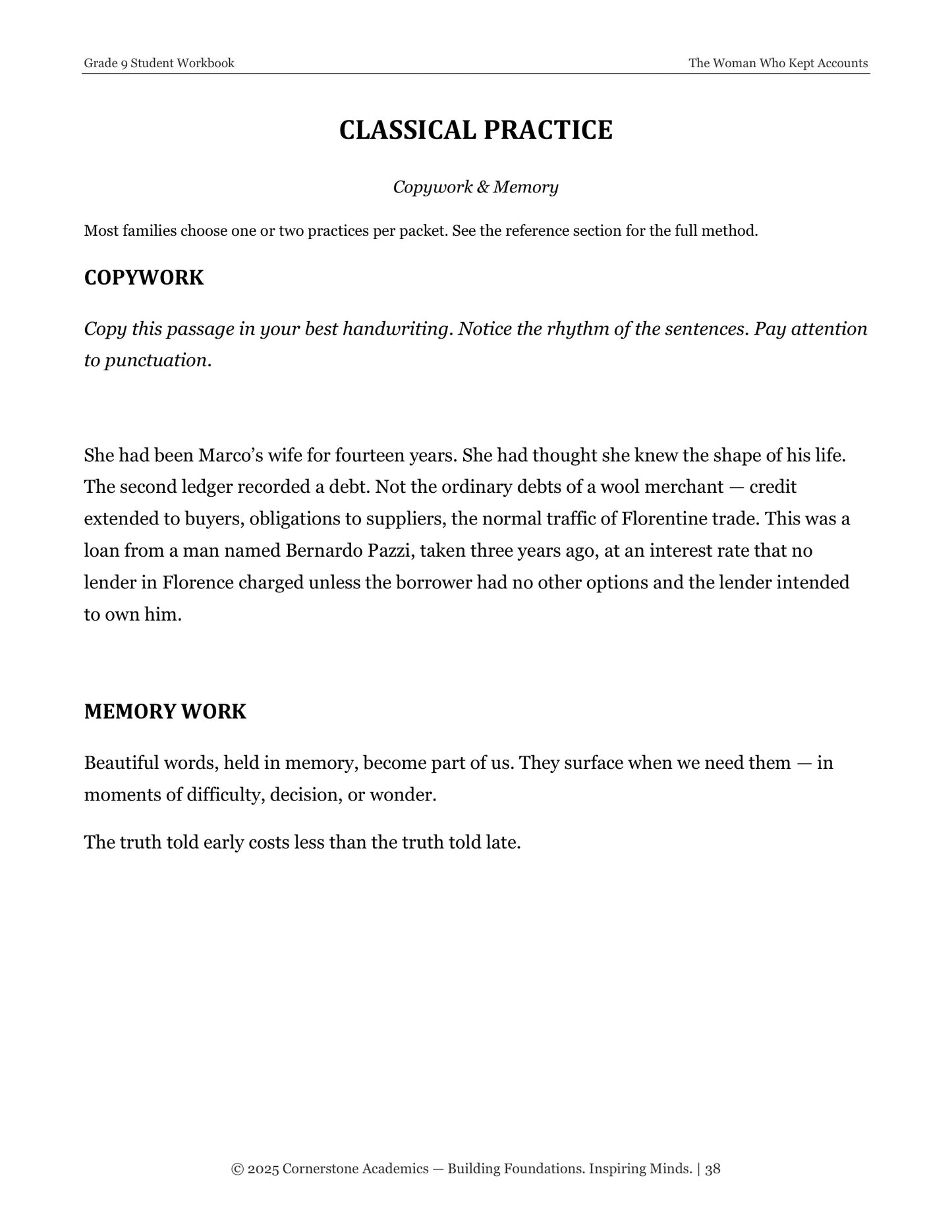 The Woman Who Kept Accounts | Grade 9 Classical Literature Packet | Cornerstone Academics