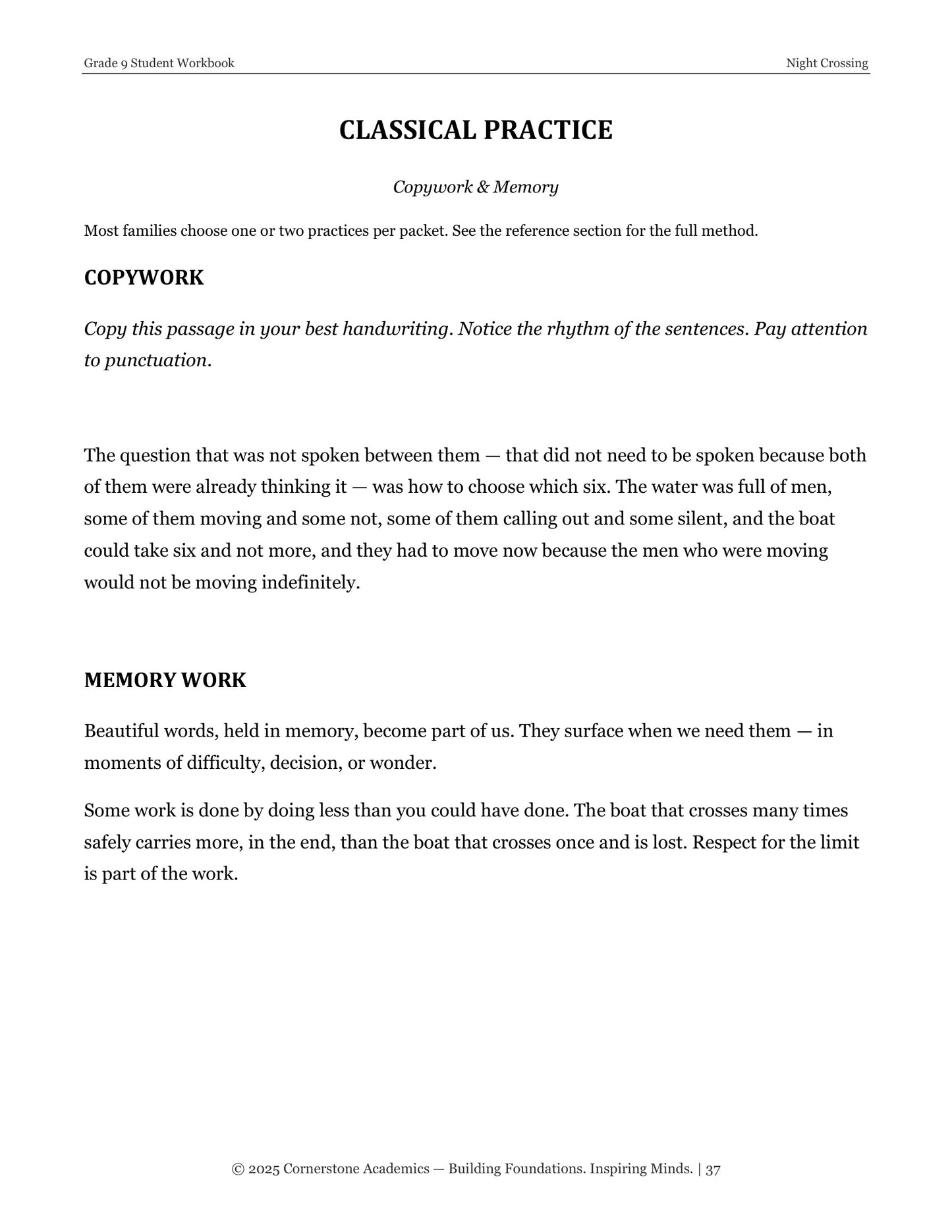 Night Crossing | Grade 9 Classical Literature Packet | Cornerstone Academics