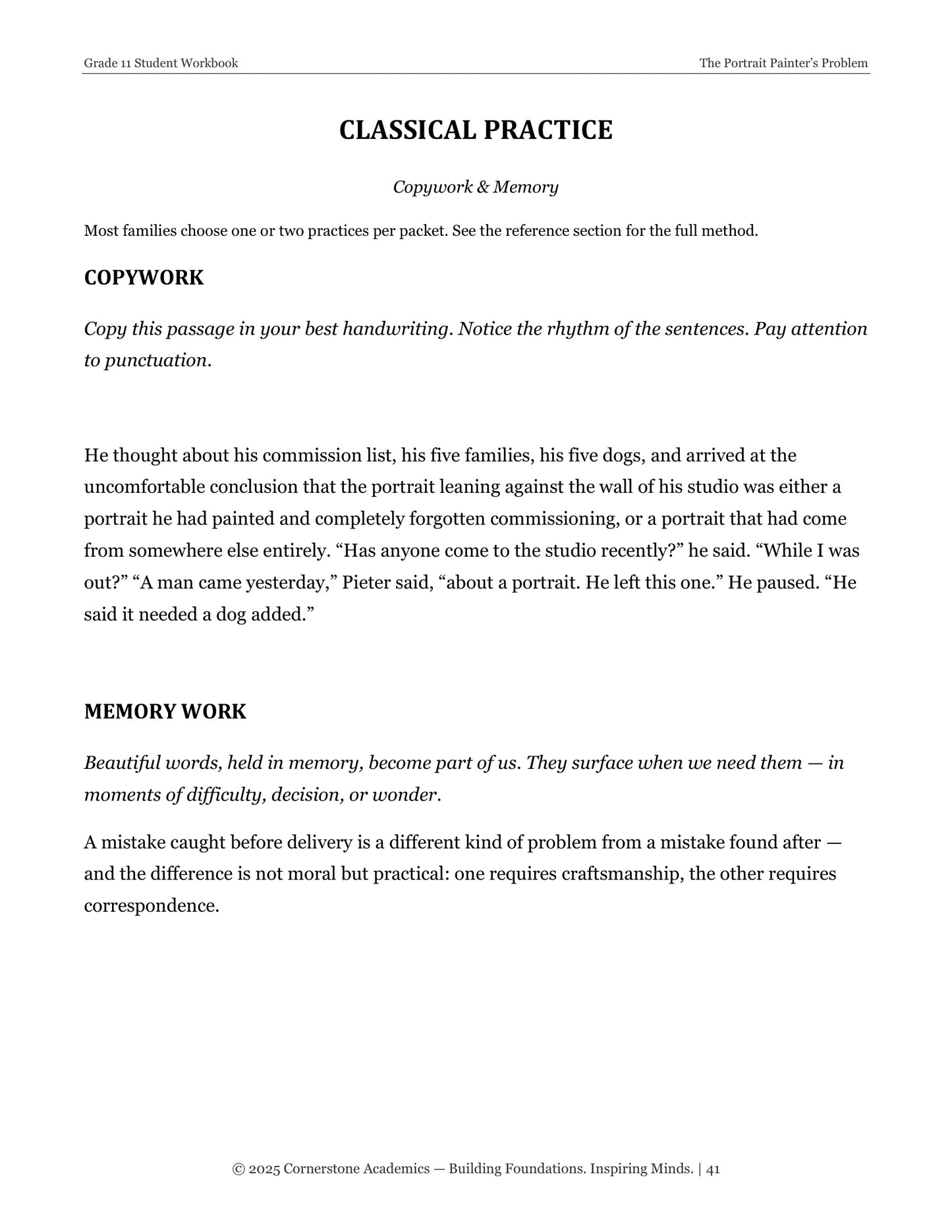 The Portrait Painter's Problem | Grade 11 Classical Literature Packet | Cornerstone Academics