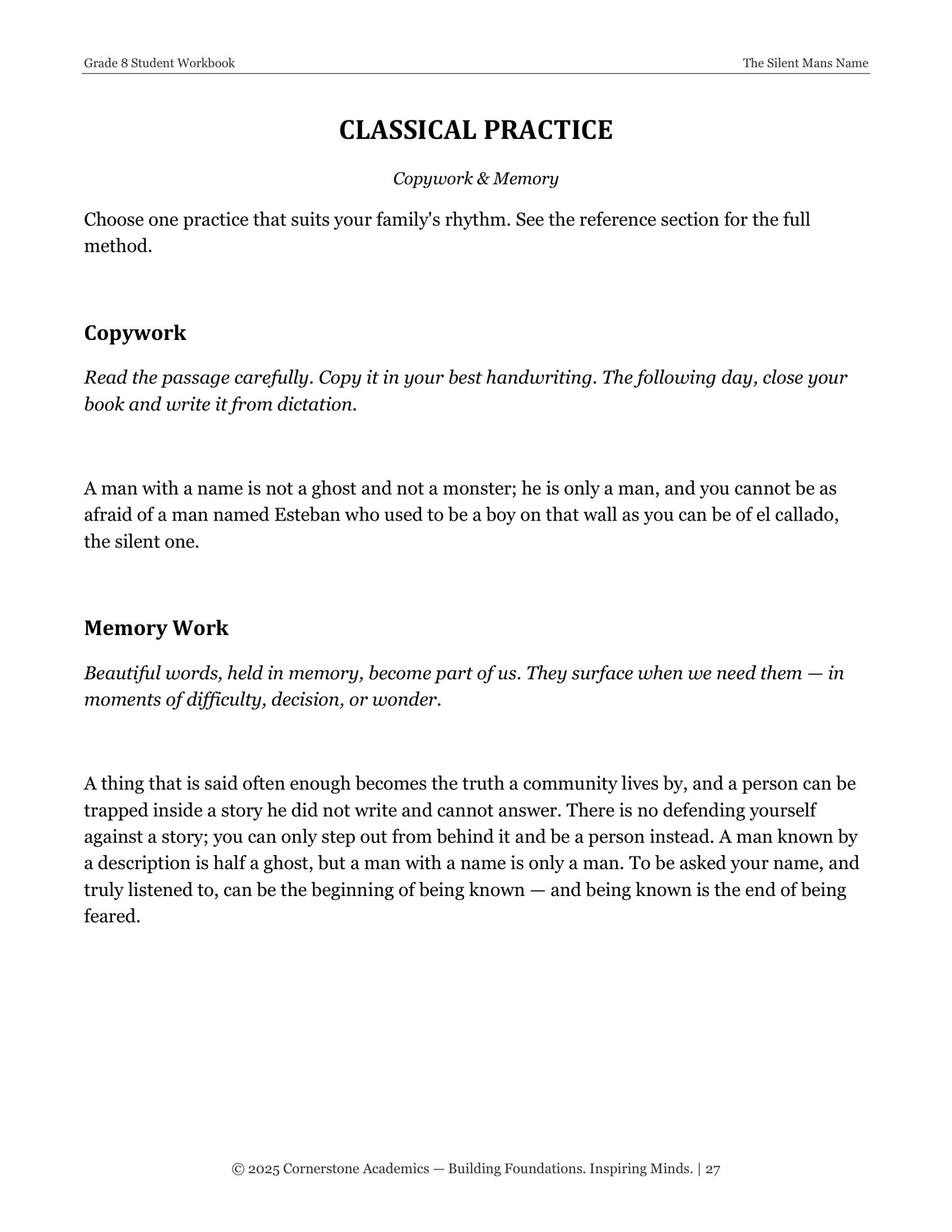 The Silent Man's Name | Grade 8 Classical Literature Packet | Cornerstone Academics
