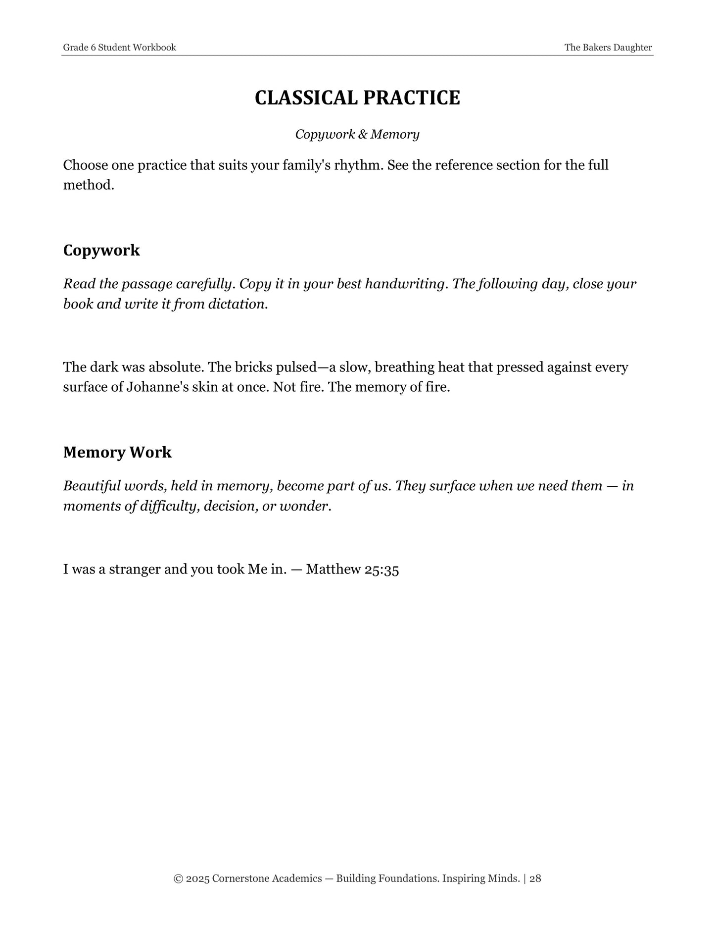 The Baker's Daughter | Grade 6 Classical Literature Packet | Cornerstone Academics