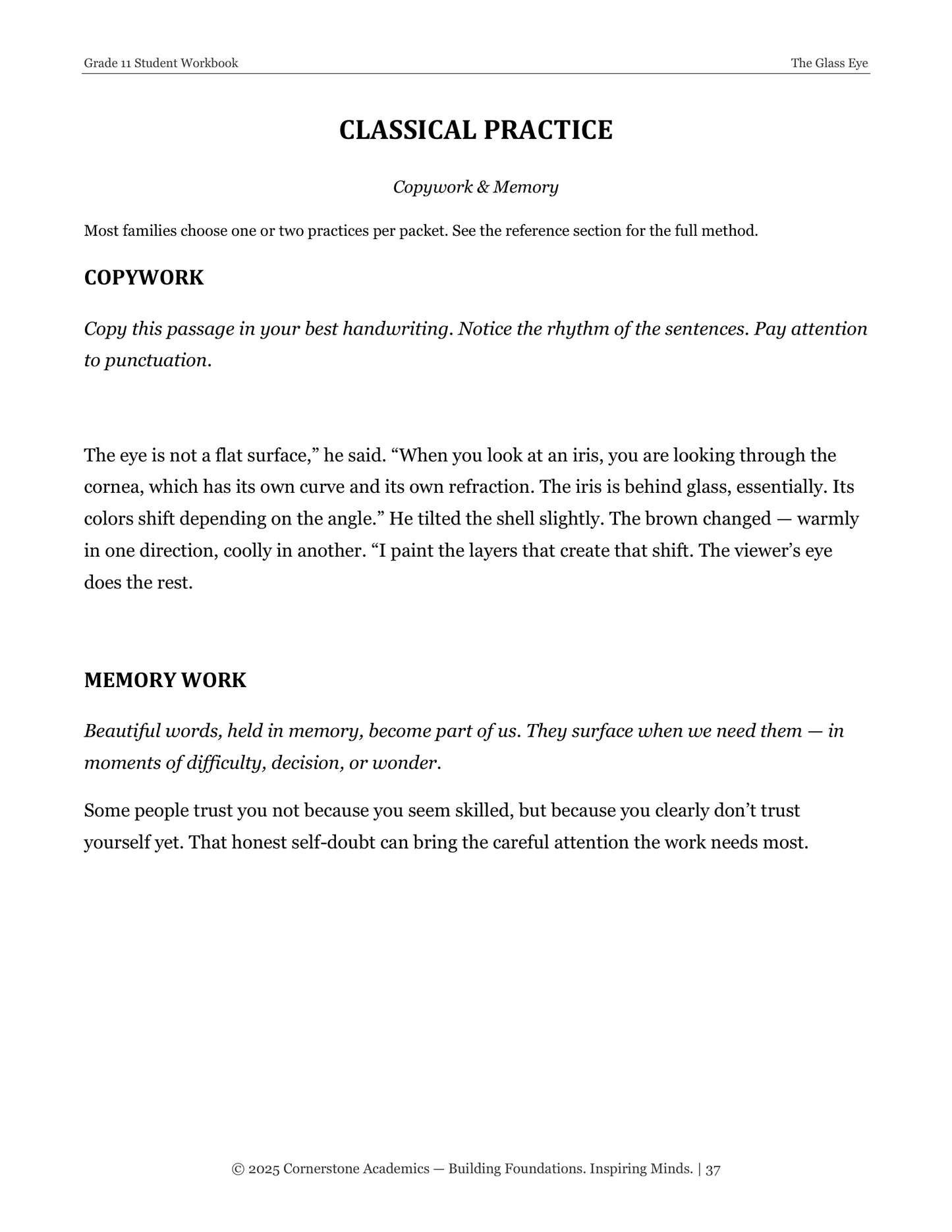 The Glass Eye | Grade 11 Classical Literature Packet | Cornerstone Academics