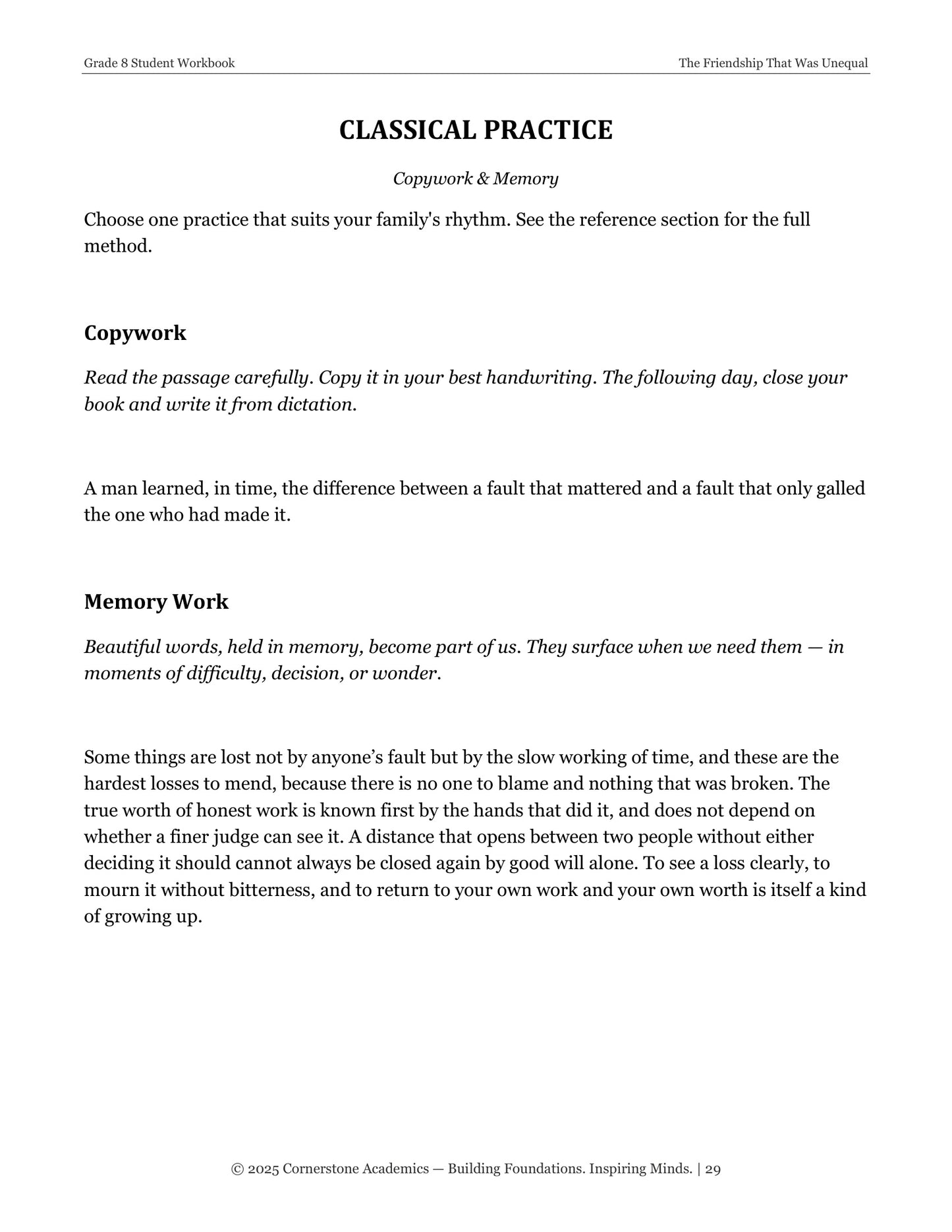 The Friendship That Was Unequal | Grade 8 Classical Literature Packet | Cornerstone Academics