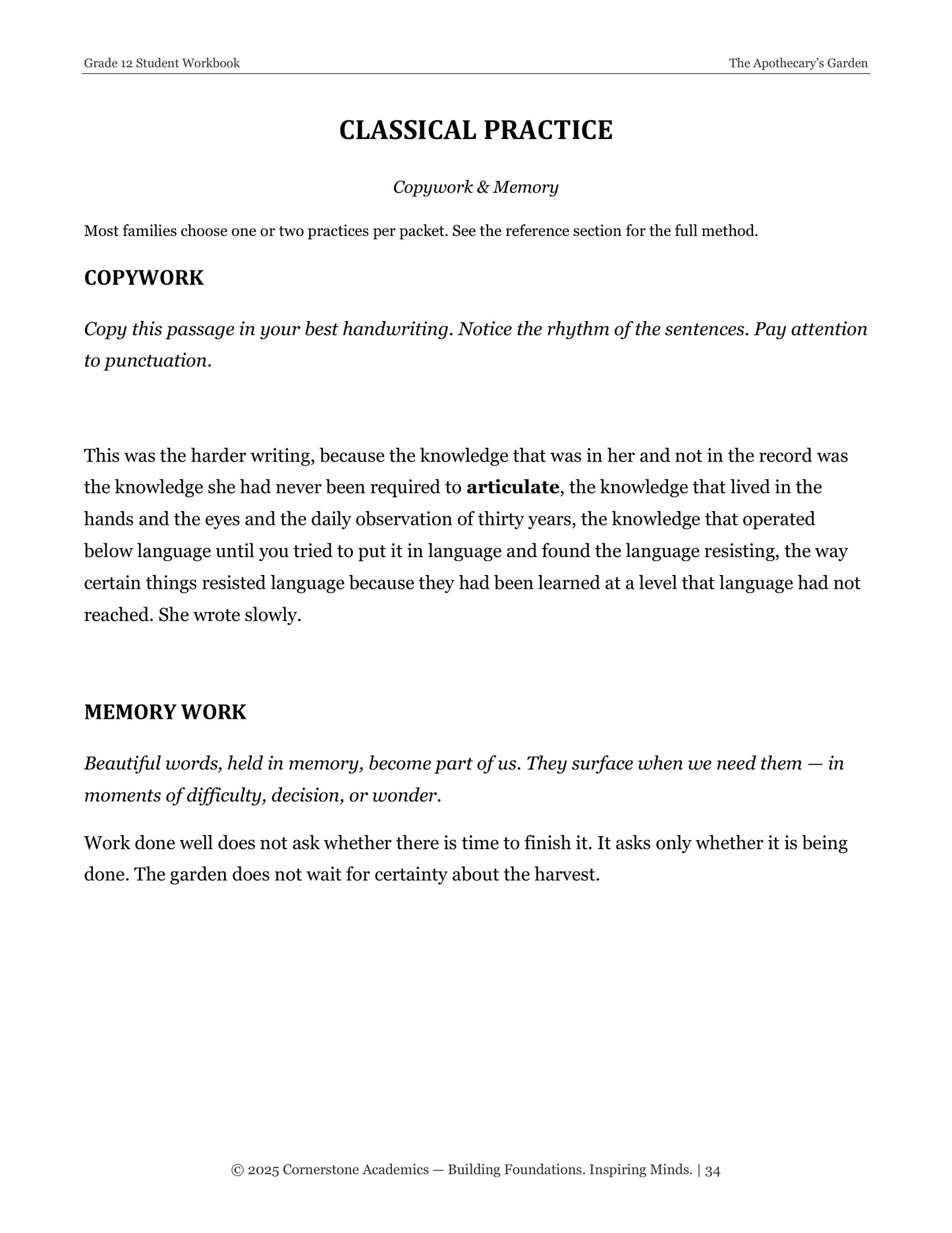 The Apothecary’s Garden | Grade 12 Classical Literature Packet | Cornerstone Academics