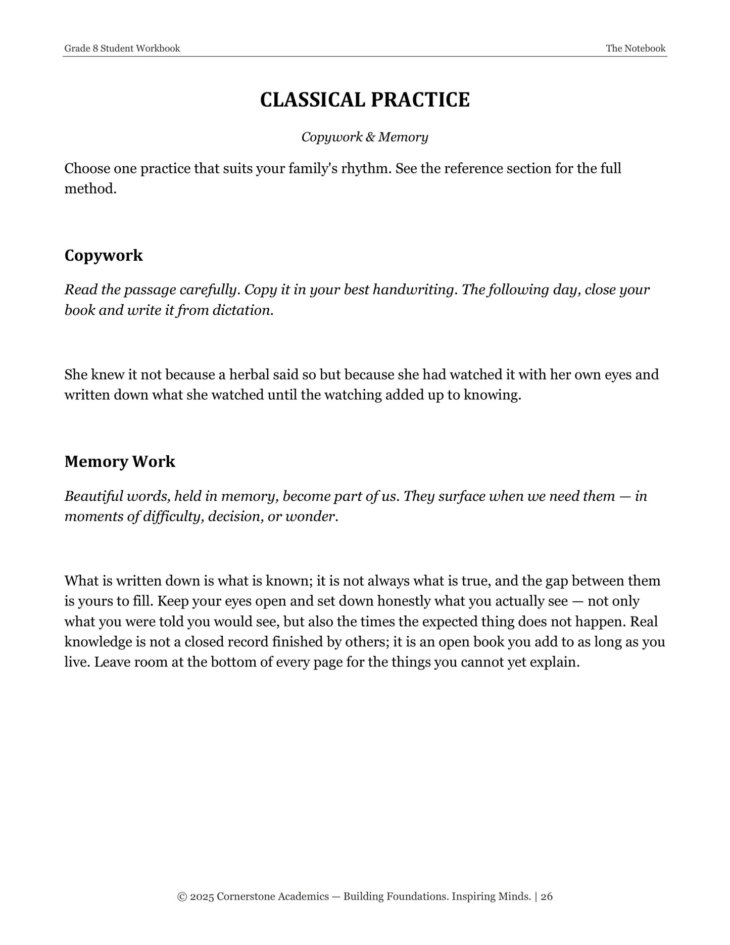 The Notebook | Grade 8 Classical Literature Packet | Cornerstone Academics