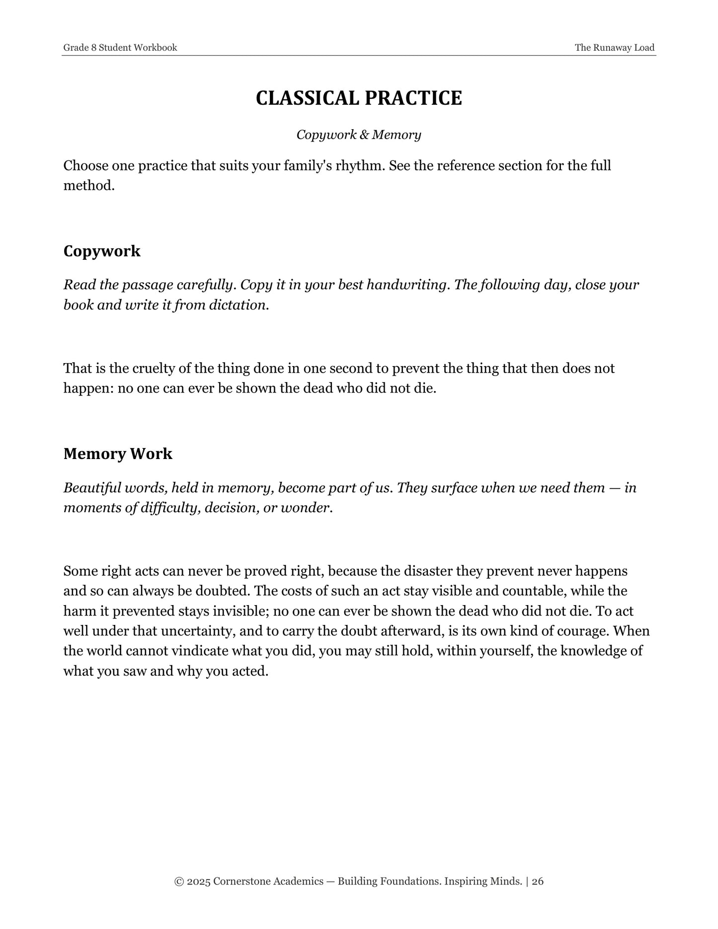 The Runaway Load | Grade 8 Classical Literature Packet | Cornerstone Academics