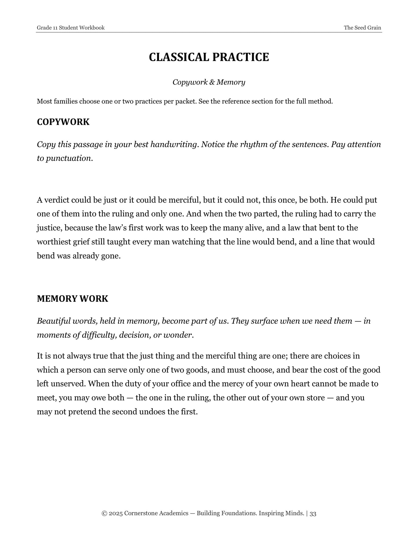 The Seed Grain | Grade 11 Classical Literature Packet | Cornerstone Academics