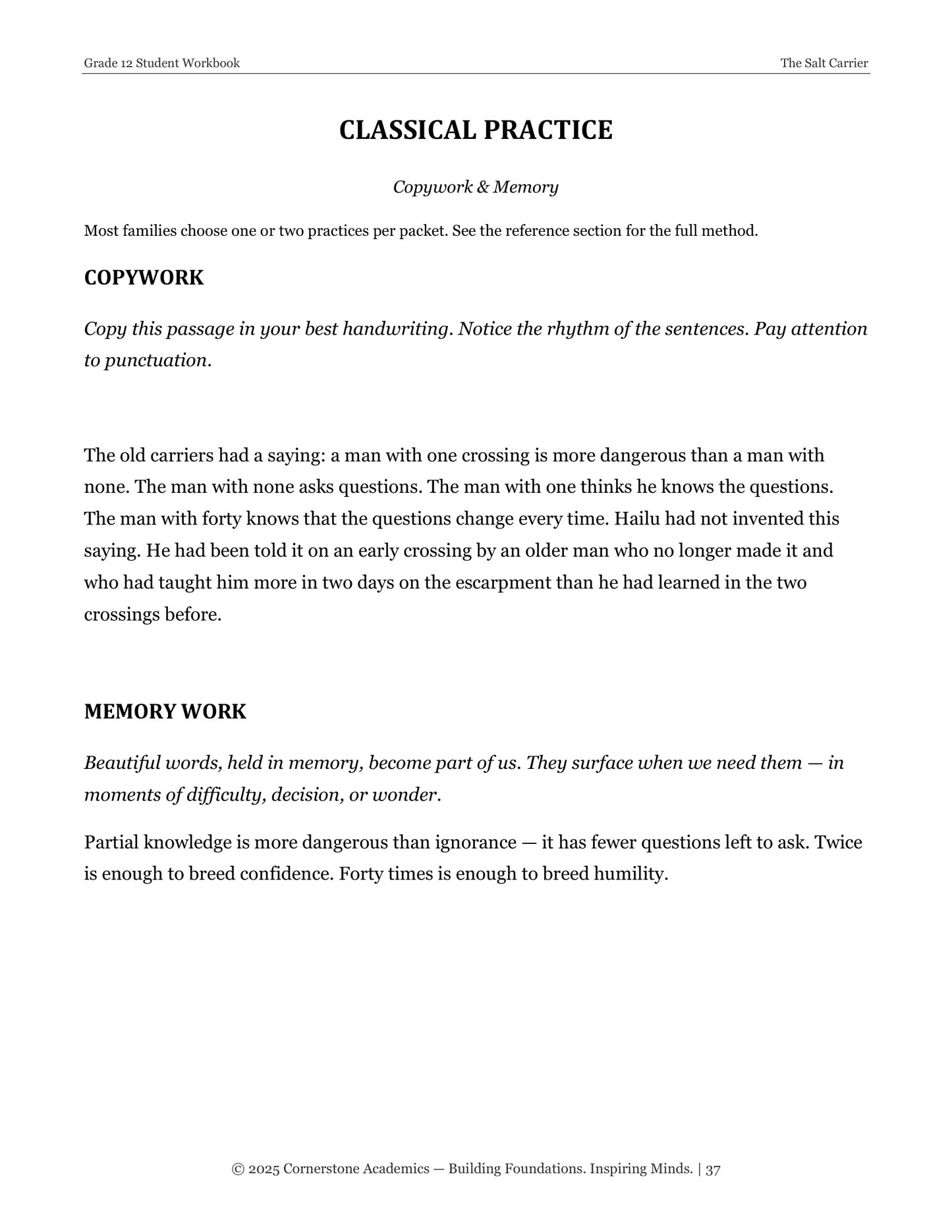The Salt Carrier | Grade 12 Classical Literature Packet | Cornerstone Academics