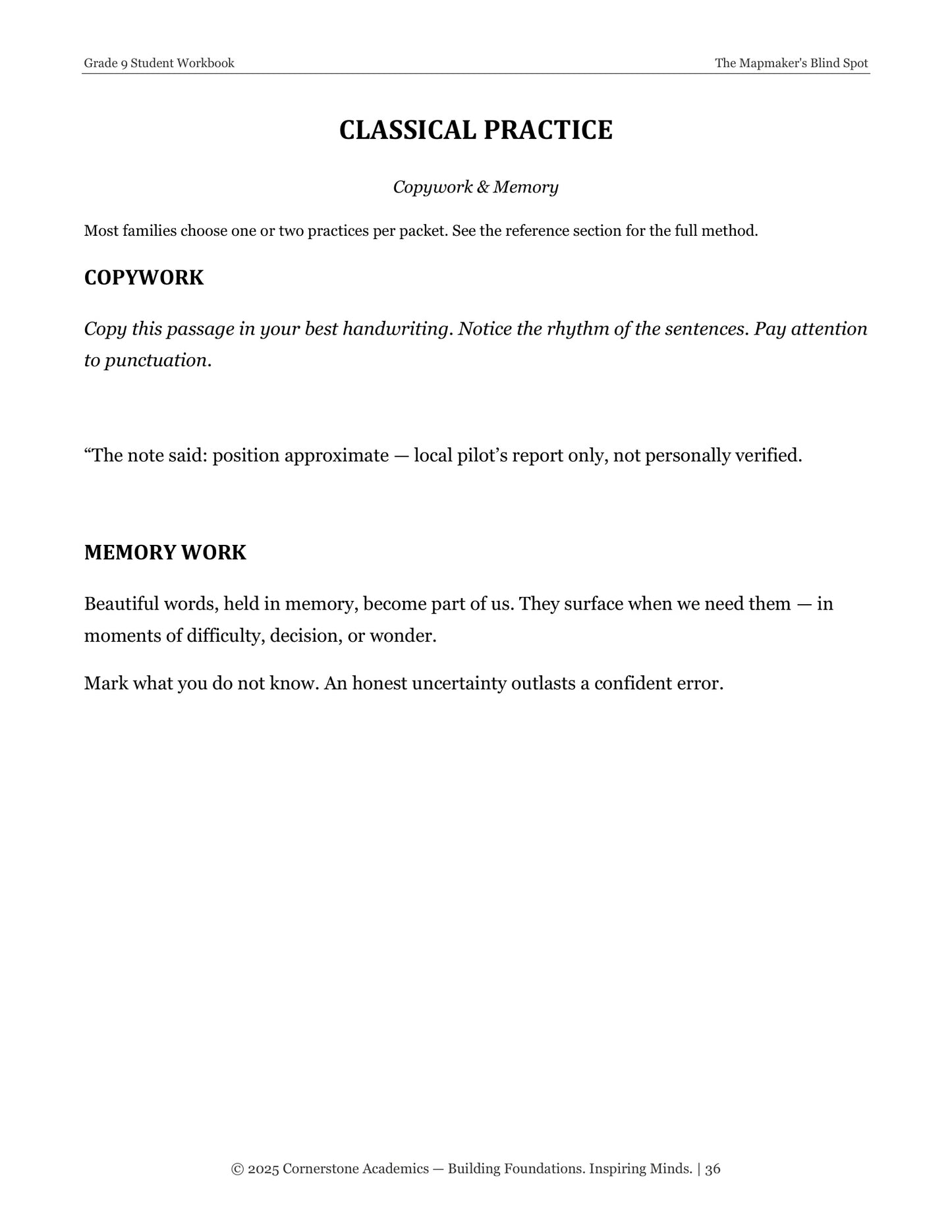 The Mapmaker's Blind Spot | Grade 9 Classical Literature Packet | Cornerstone Academics