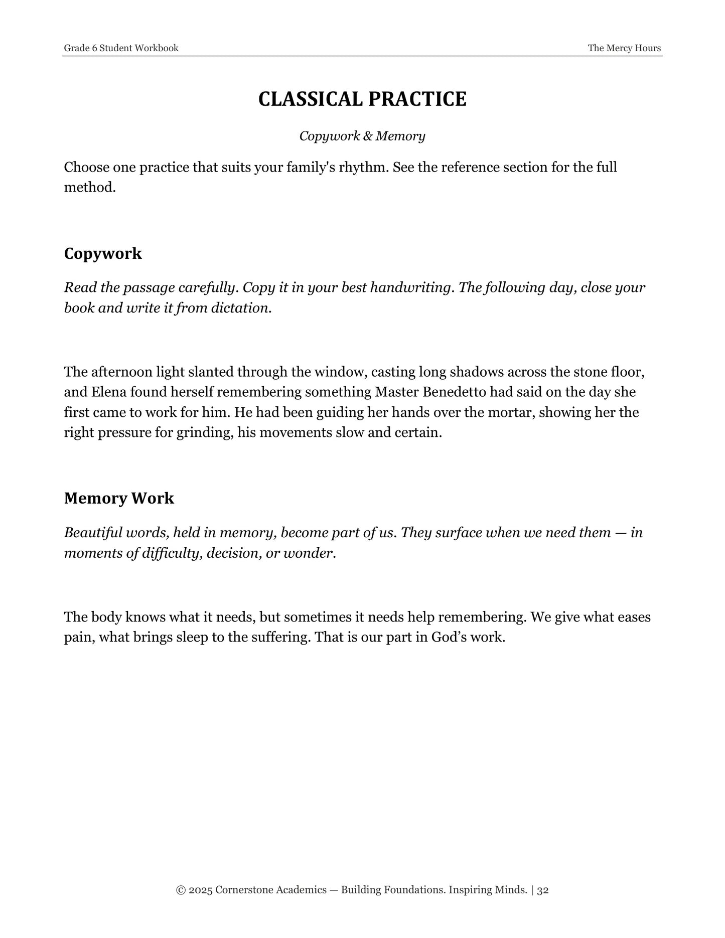 The Mercy Hours | Grade 6 Classical Literature Packet | Cornerstone Academics