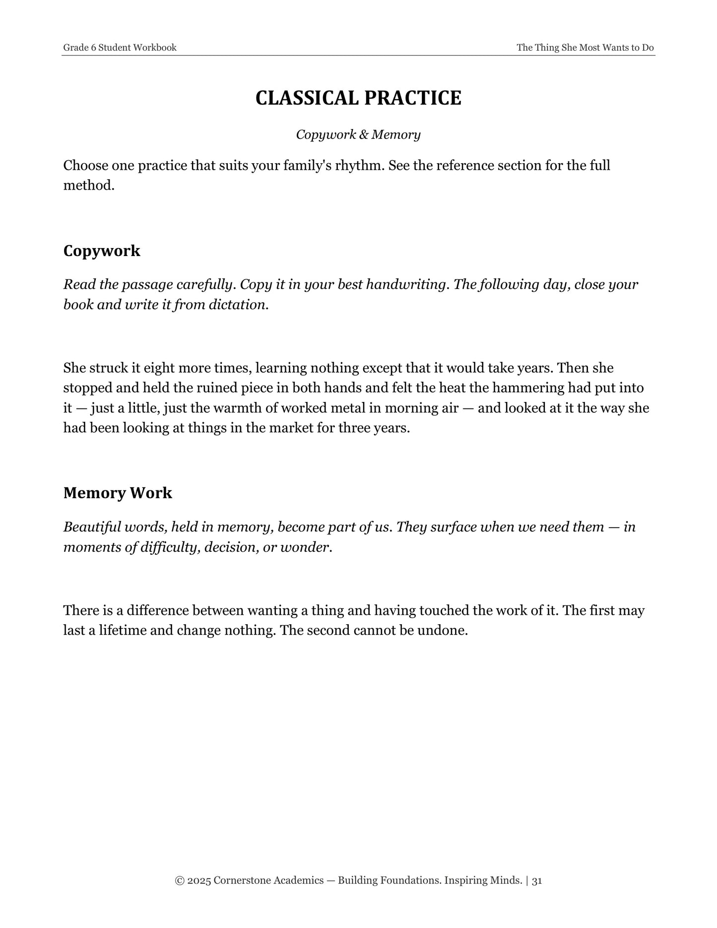 The Thing She Most Wants to Do | Grade 6 Classical Literature Packet | Cornerstone Academics