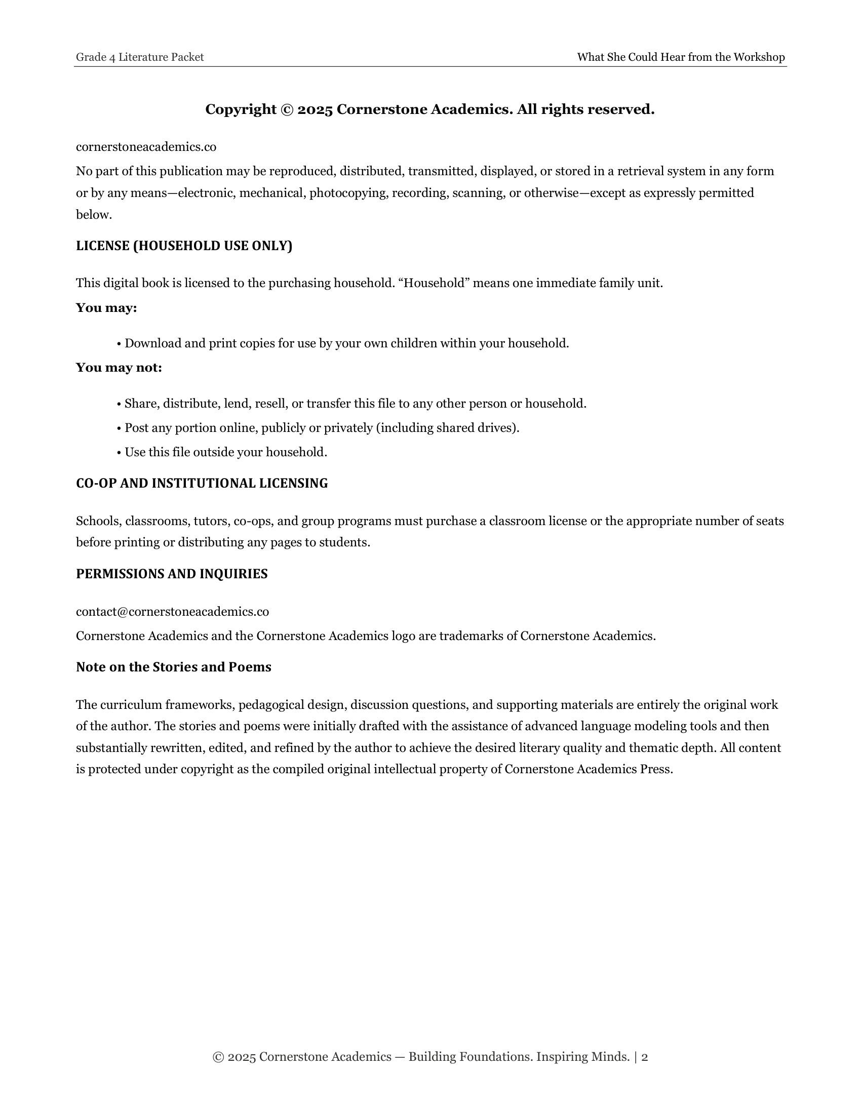 Discussion questions page from What She Could Hear from the Workshop, Grade 4 literature packet