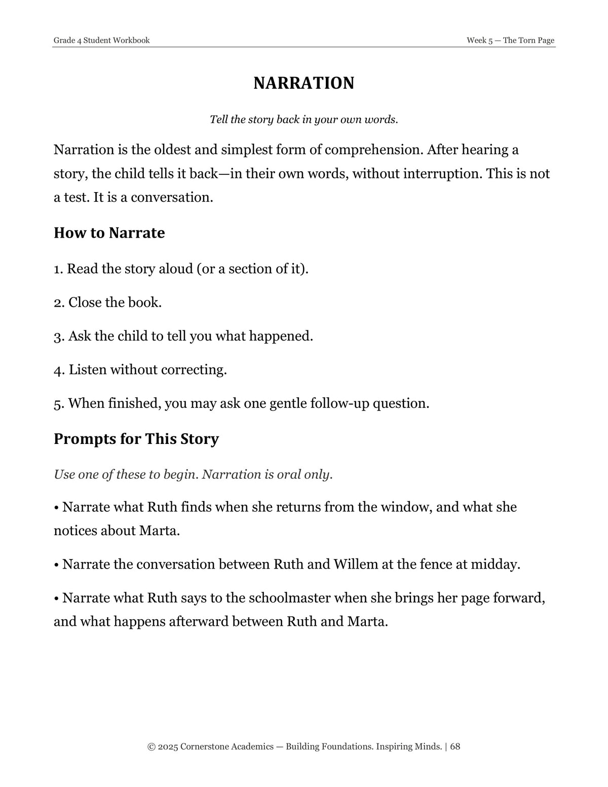 Narration prompts page from Grade 4 Literature Student Workbook Set, Grade 4 homeschool curriculum
