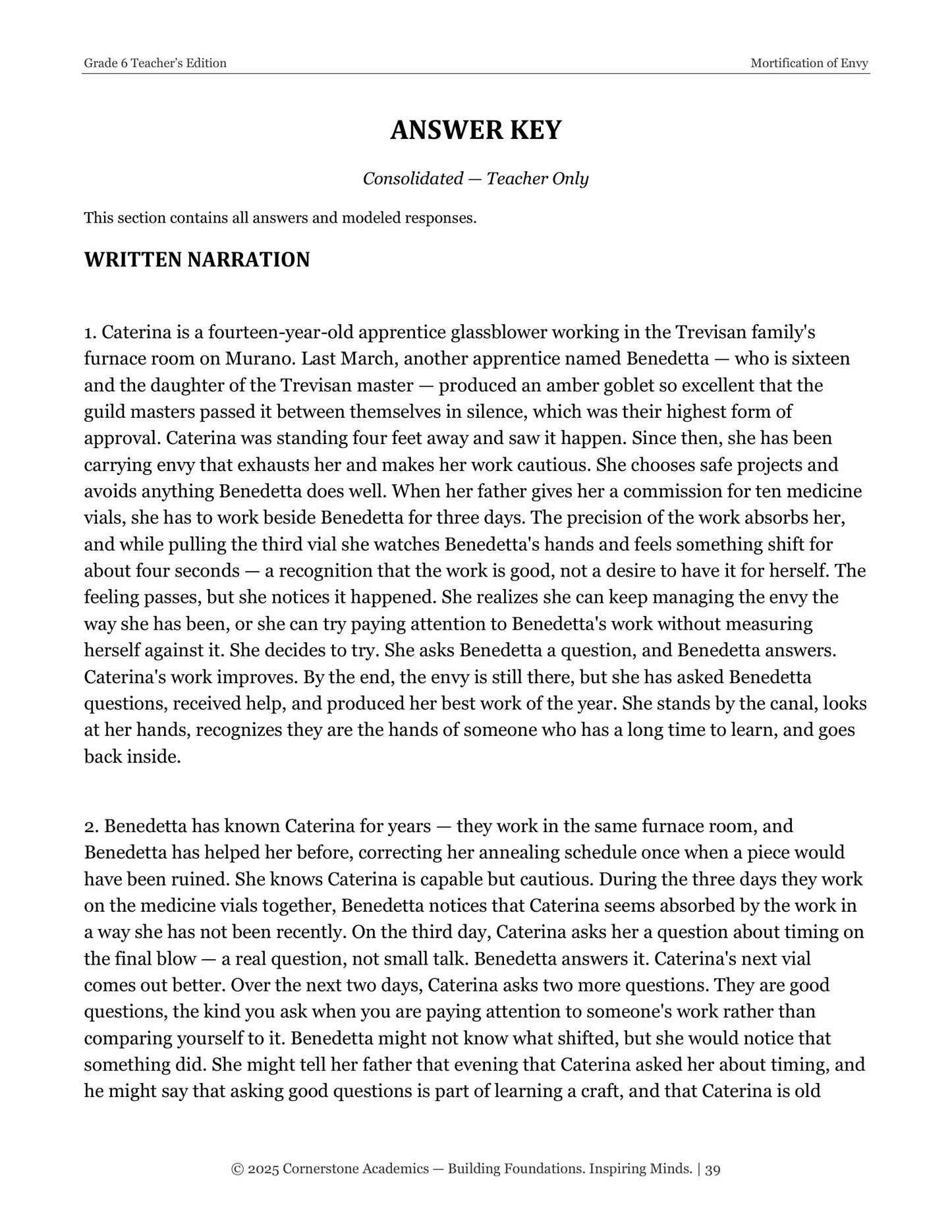 Mortification of Envy | Grade 6 Classical Literature Packet | Cornerstone Academics