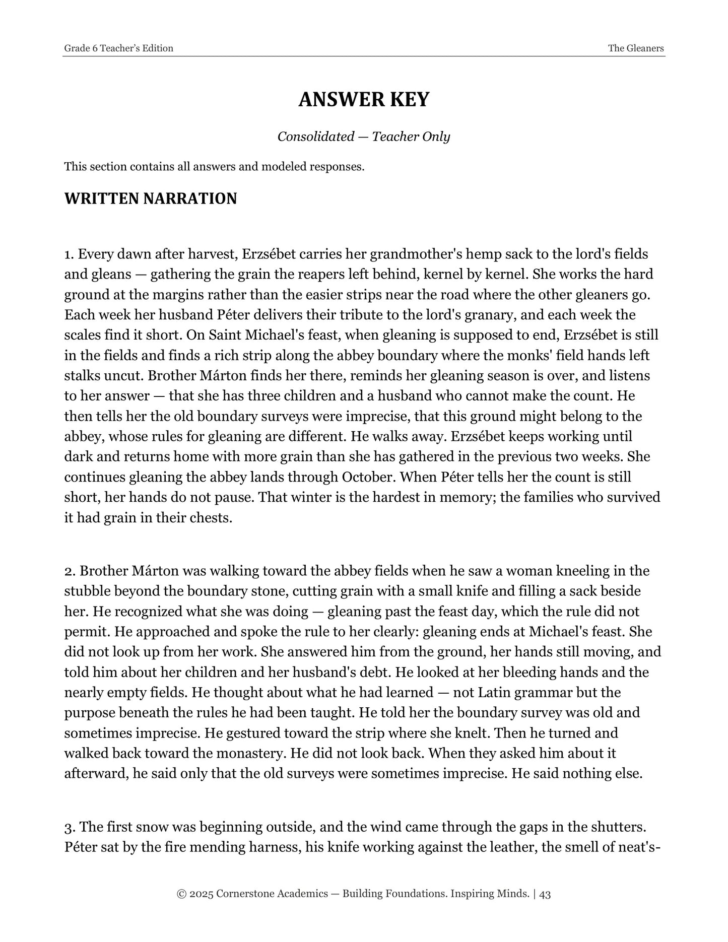 The Gleaners | Grade 6 Classical Literature Packet | Cornerstone Academics