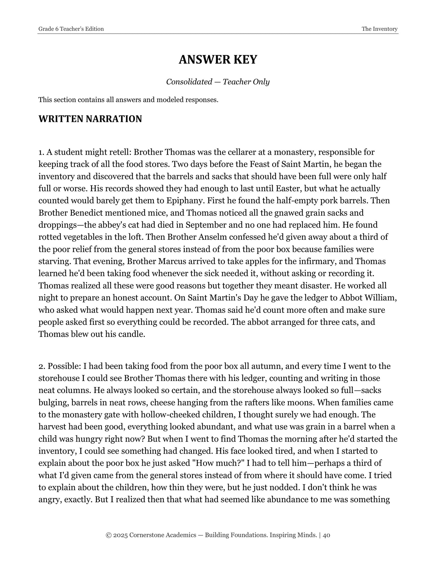 The Inventory | Grade 6 Classical Literature Packet | Cornerstone Academics