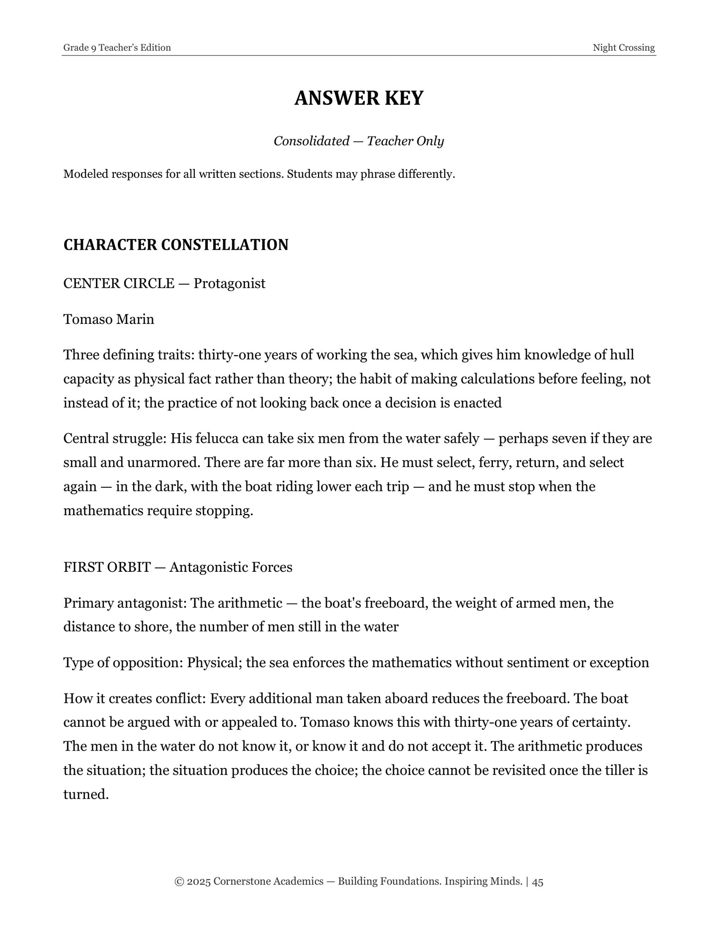 Night Crossing | Grade 9 Classical Literature Packet | Cornerstone Academics