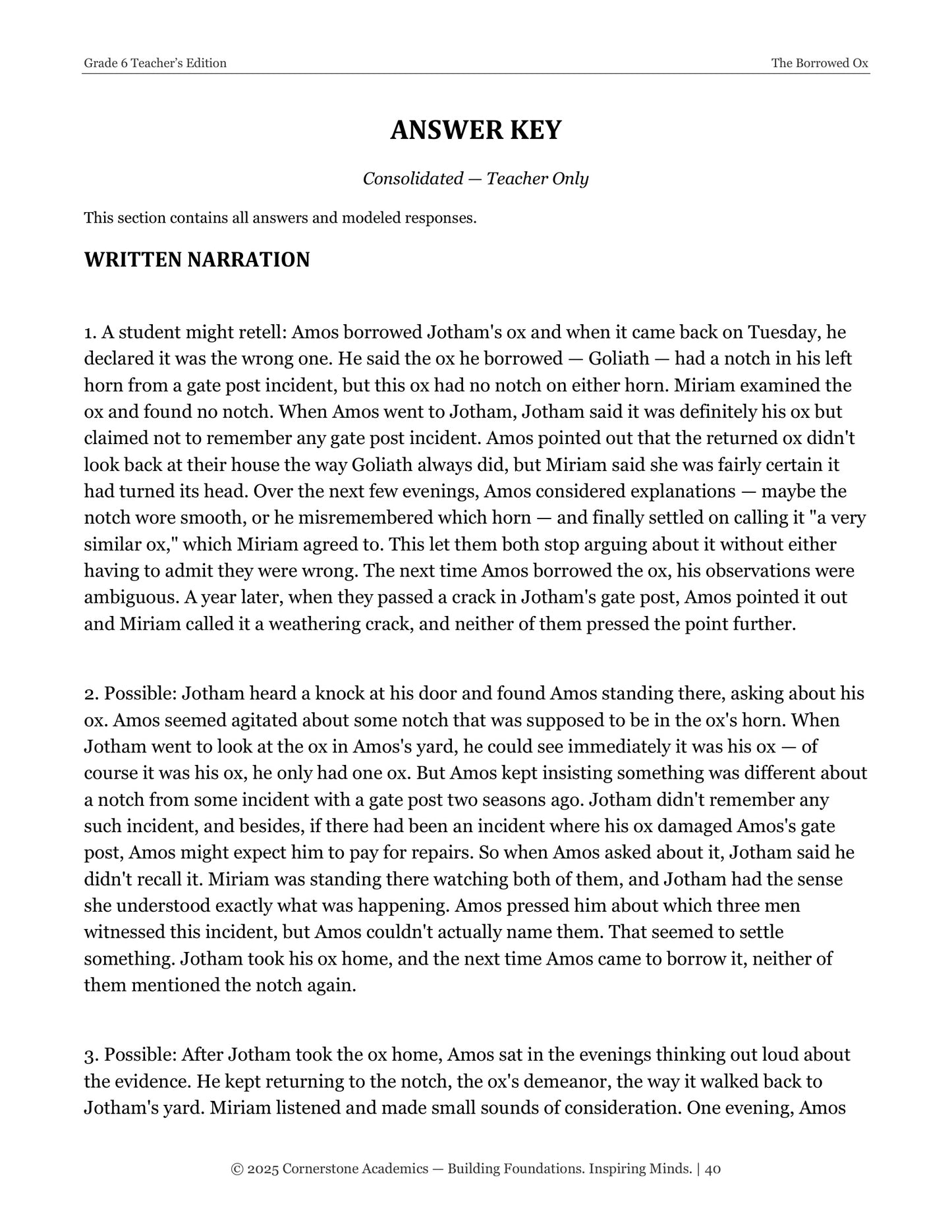 The Borrowed Ox | Grade 6 Classical Literature Packet | Cornerstone Academics