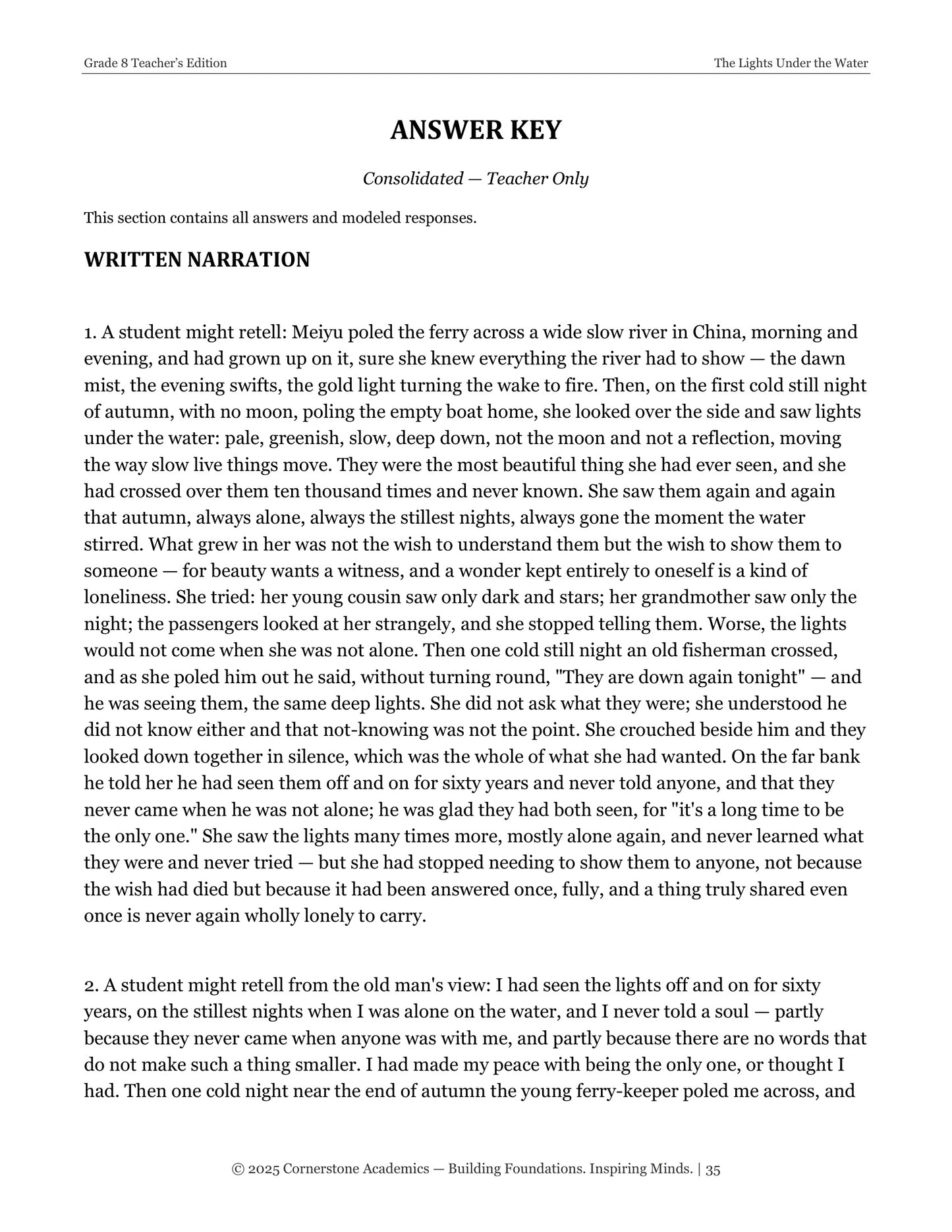 The Lights Under the Water | Grade 8 Classical Literature Packet | Cornerstone Academics