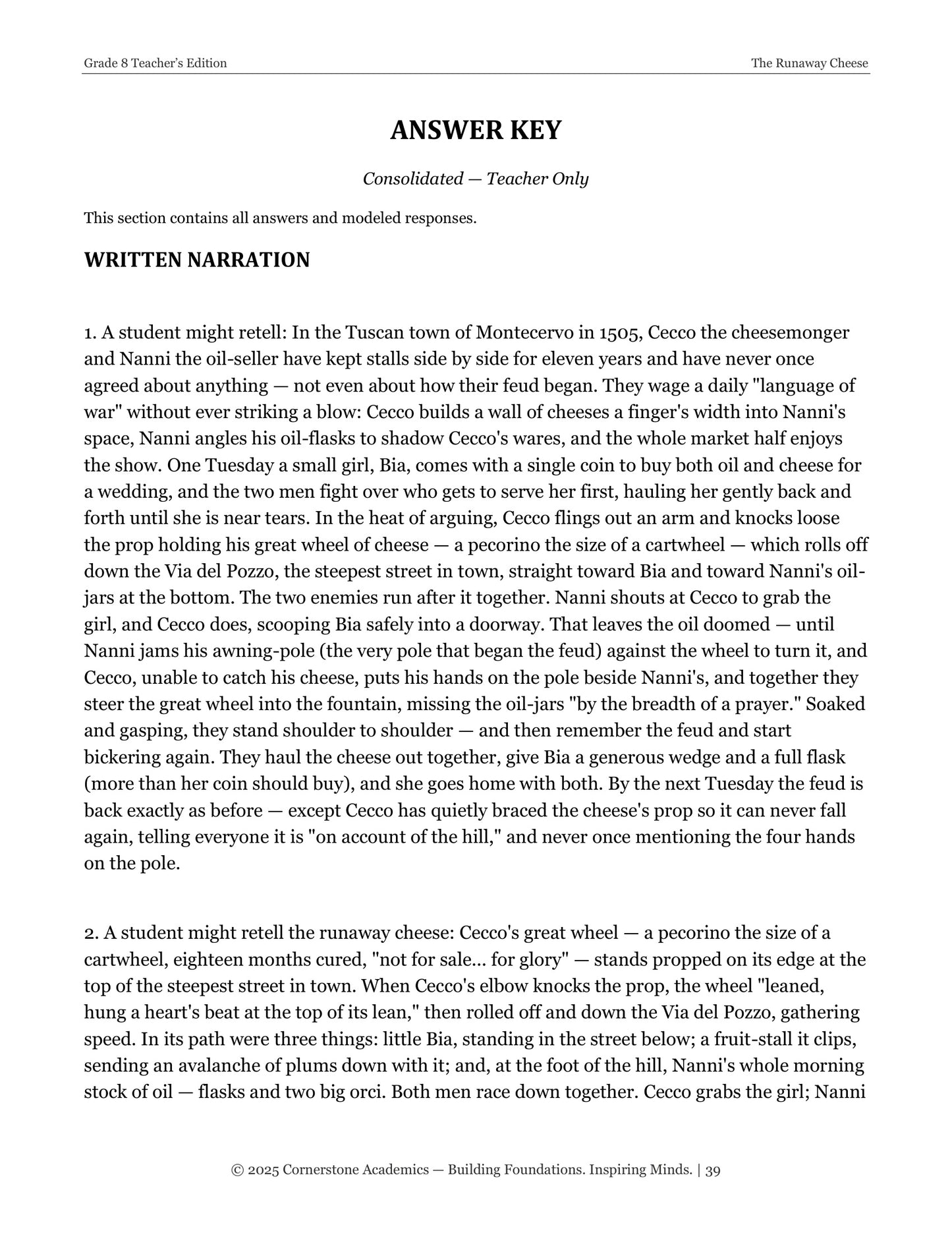 The Runaway Cheese | Grade 8 Classical Literature Packet | Cornerstone Academics