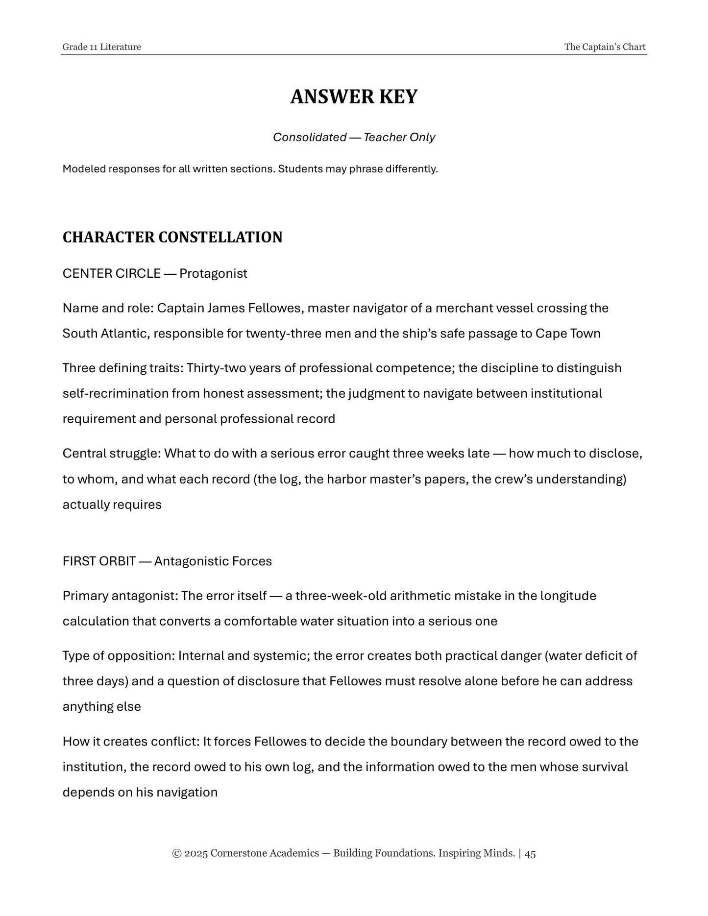 The Captain's Chart | Grade 11 Classical Literature Packet | Cornerstone Academics