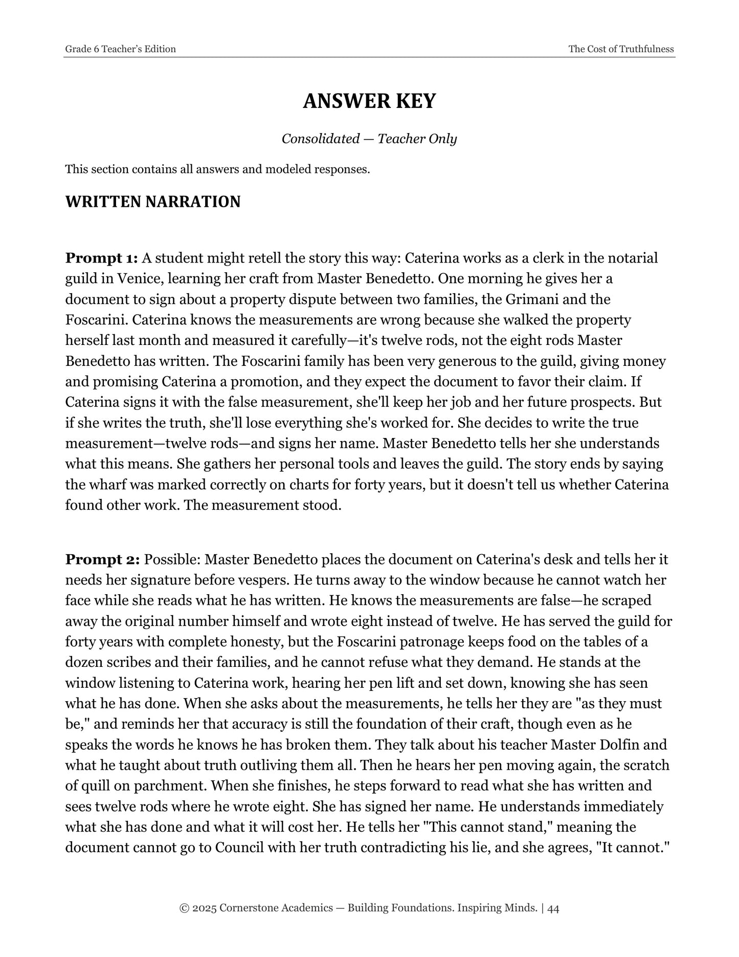 The Cost of Truthfulness | Grade 6 Classical Literature Packet | Cornerstone Academics