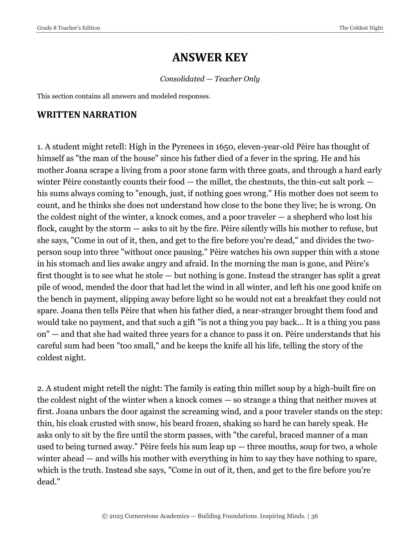 The Coldest Night | Grade 8 Classical Literature Packet | Cornerstone Academics