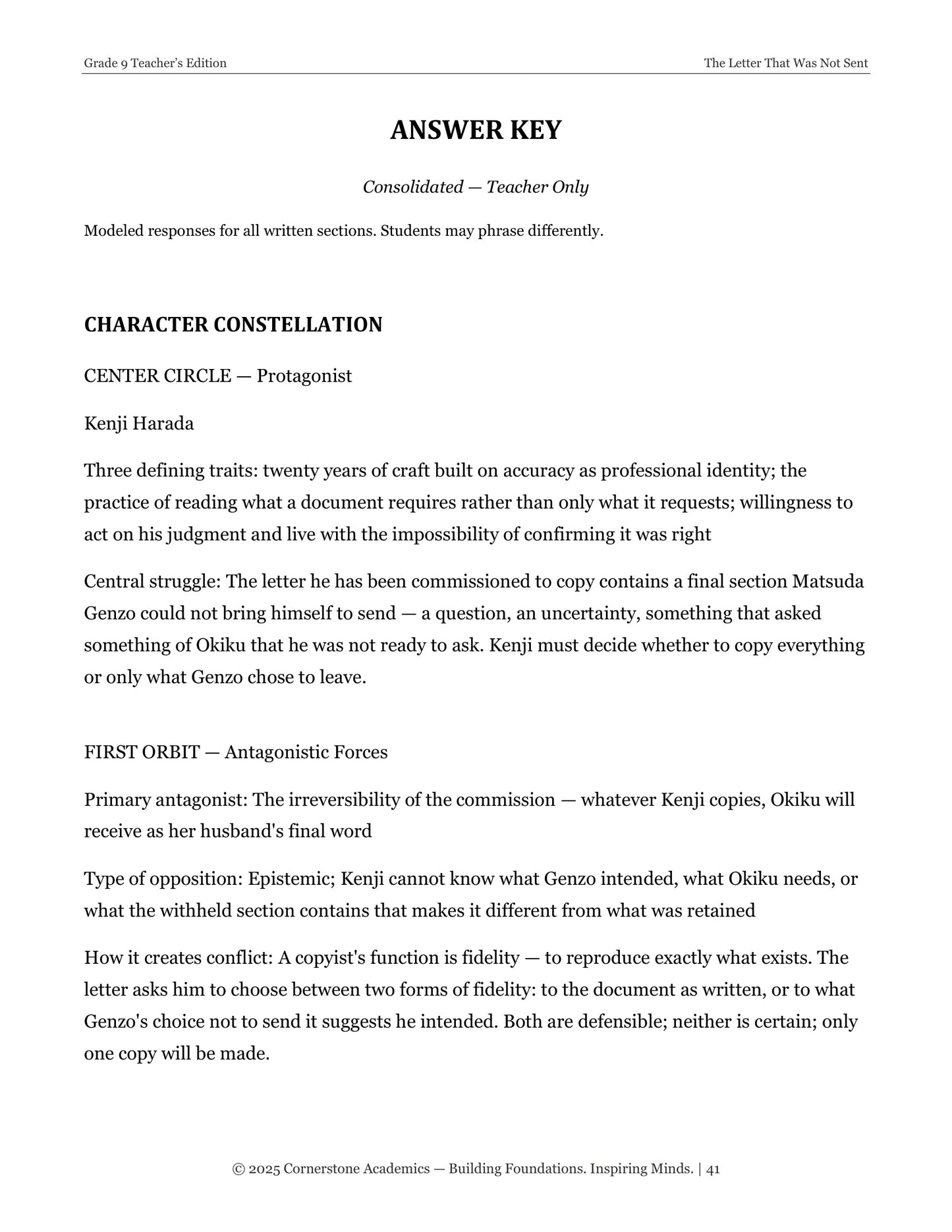 The Letter That Was Not Sent | Grade 9 Classical Literature Packet | Cornerstone Academics