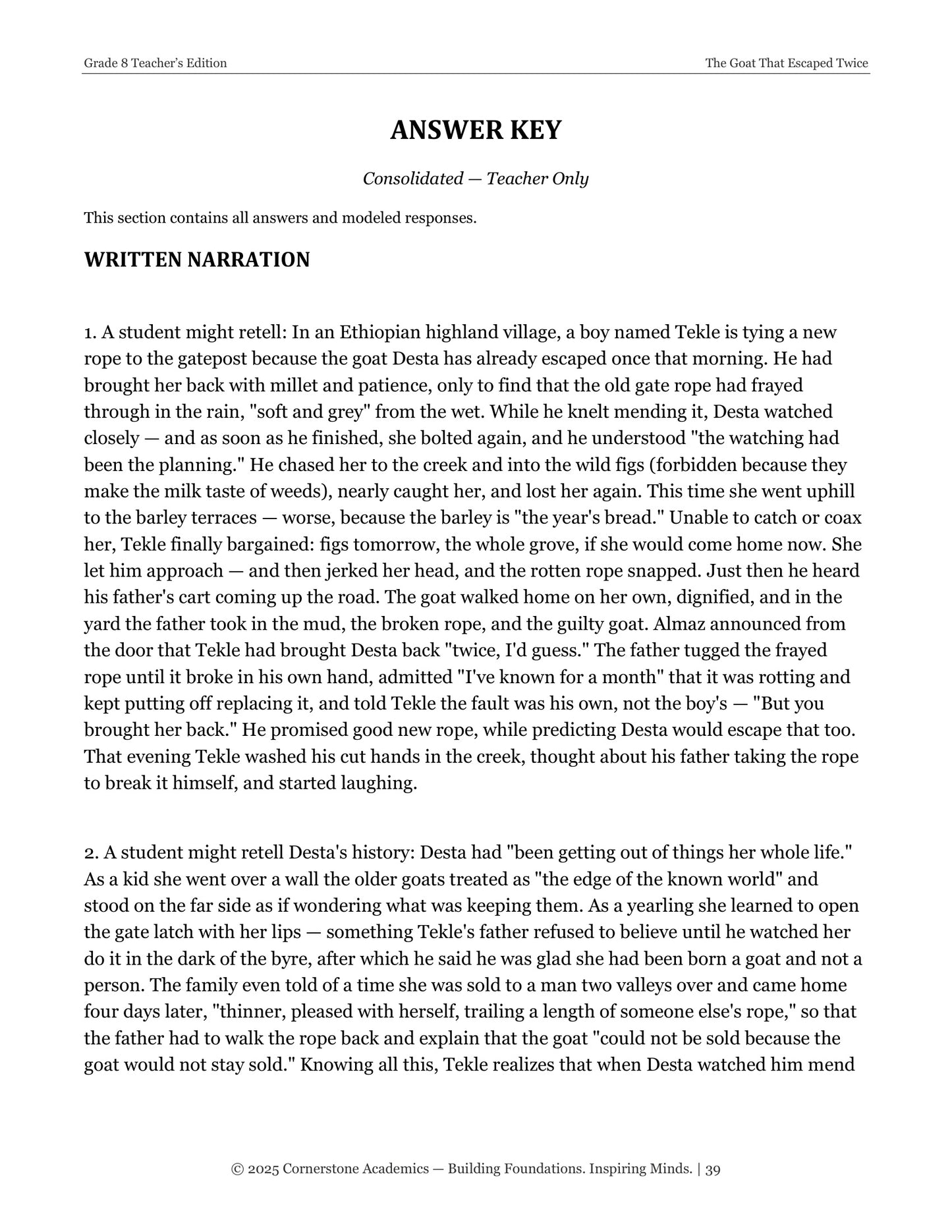 The Goat That Escaped Twice | Grade 8 Classical Literature Packet | Cornerstone Academics
