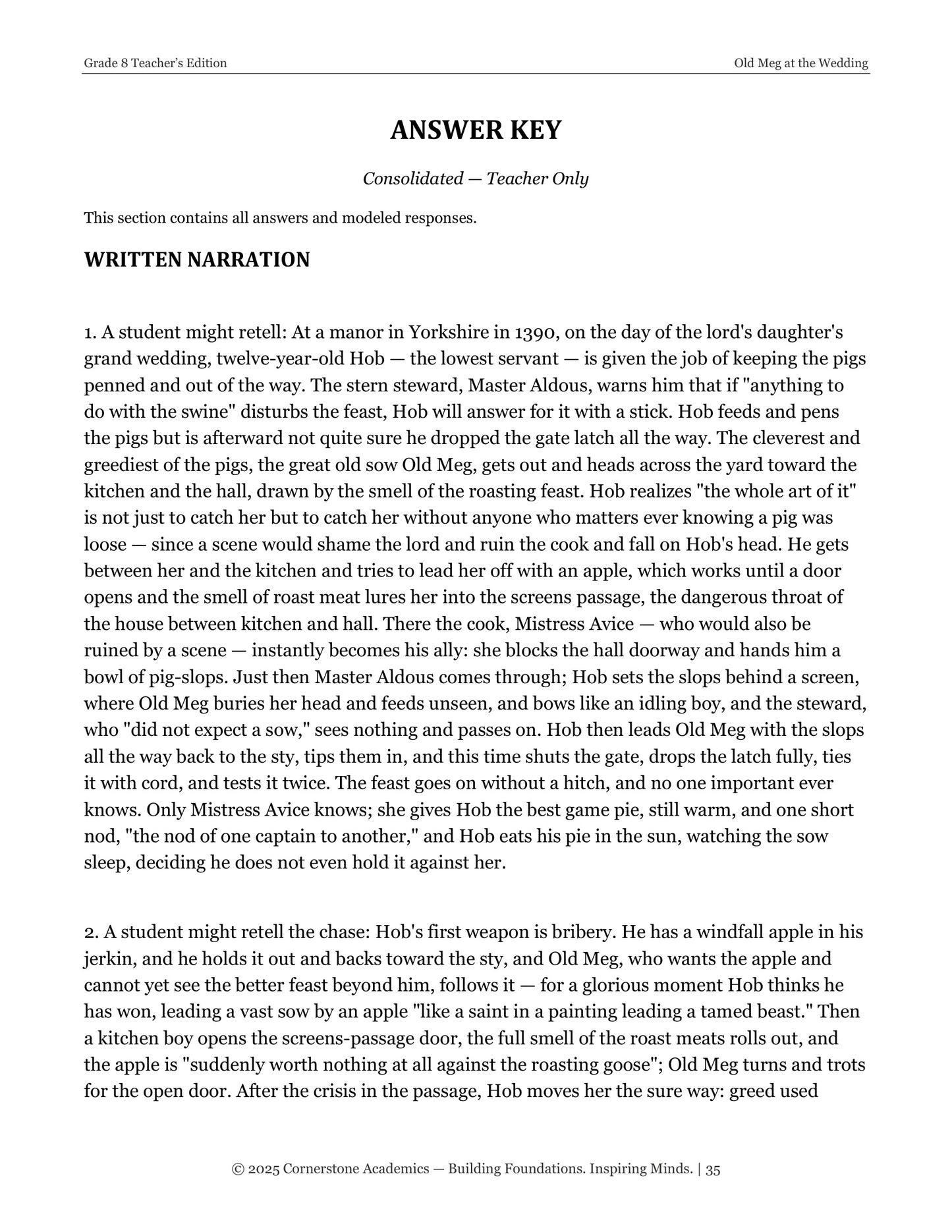 Old Meg at the Wedding | Grade 8 Classical Literature Packet | Cornerstone Academics