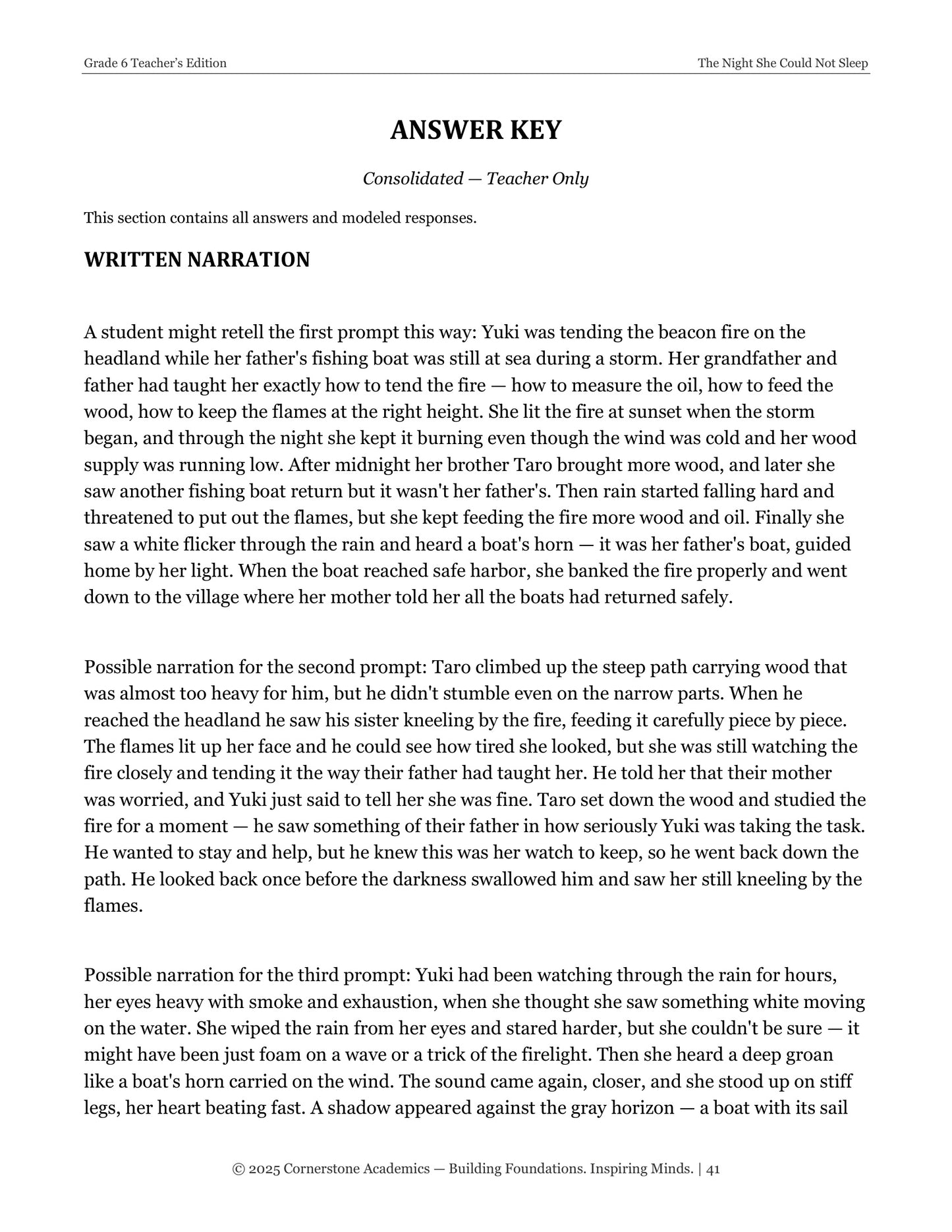 The Night She Could Not Sleep | Grade 6 Classical Literature Packet | Cornerstone Academics