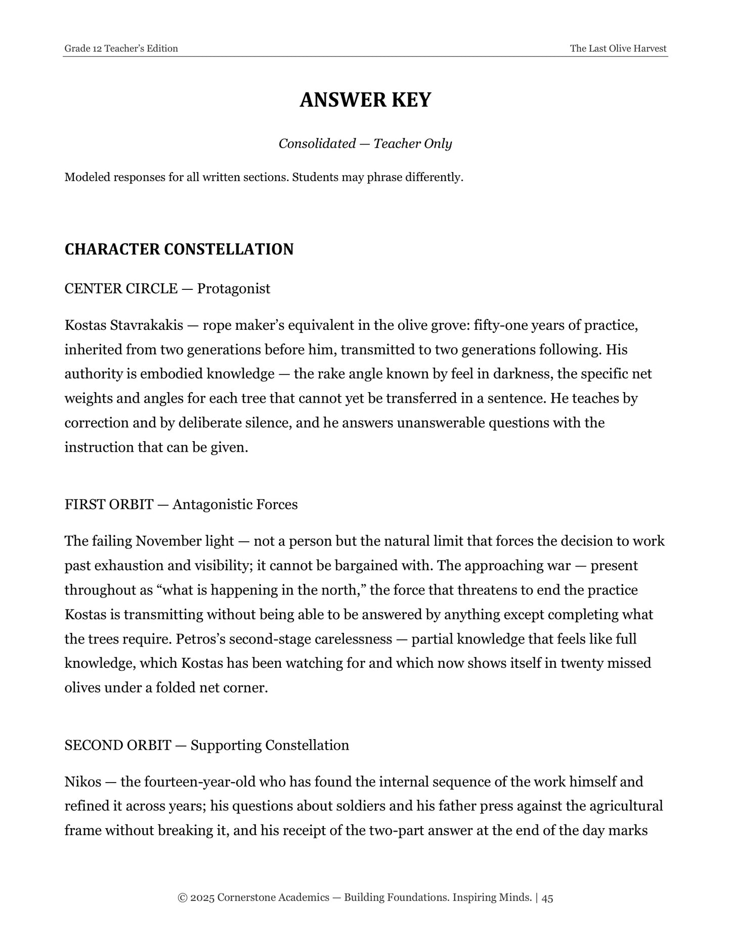 The Last Olive Harvest | Grade 12 Classical Literature Packet | Cornerstone Academics