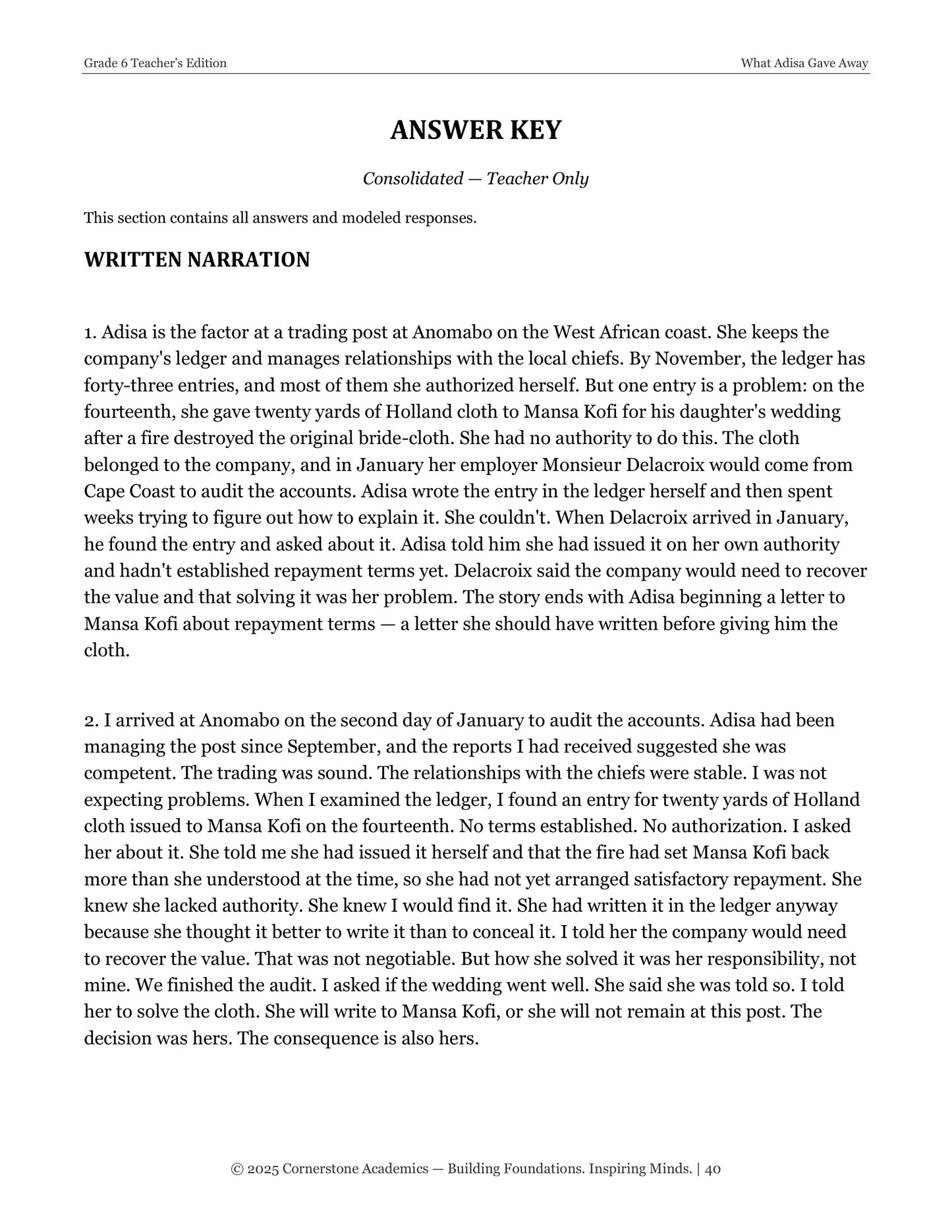 What Adisa Gave Away | Grade 6 Classical Literature Packet | Cornerstone Academics