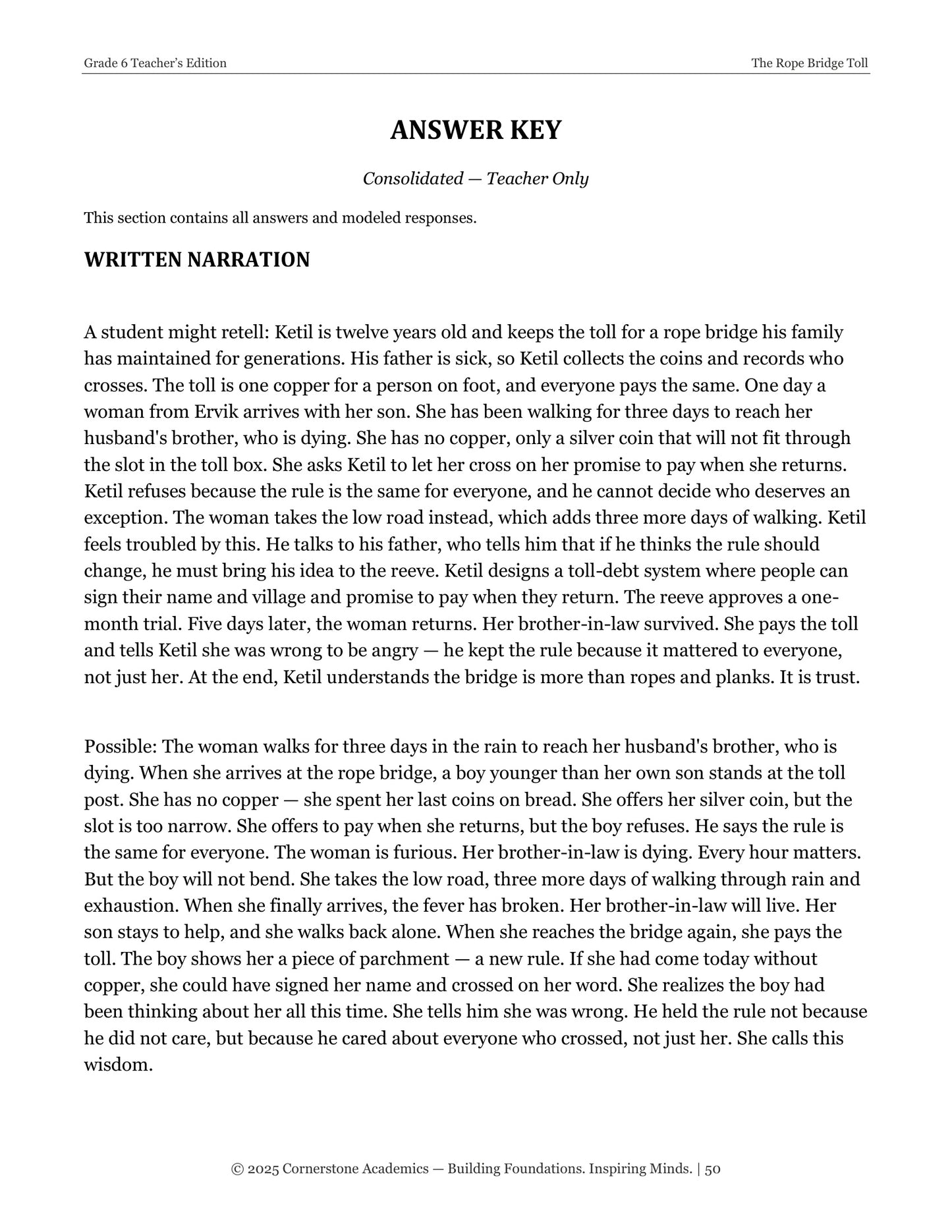 The Rope Bridge Toll | Grade 6 Classical Literature Packet | Cornerstone Academics