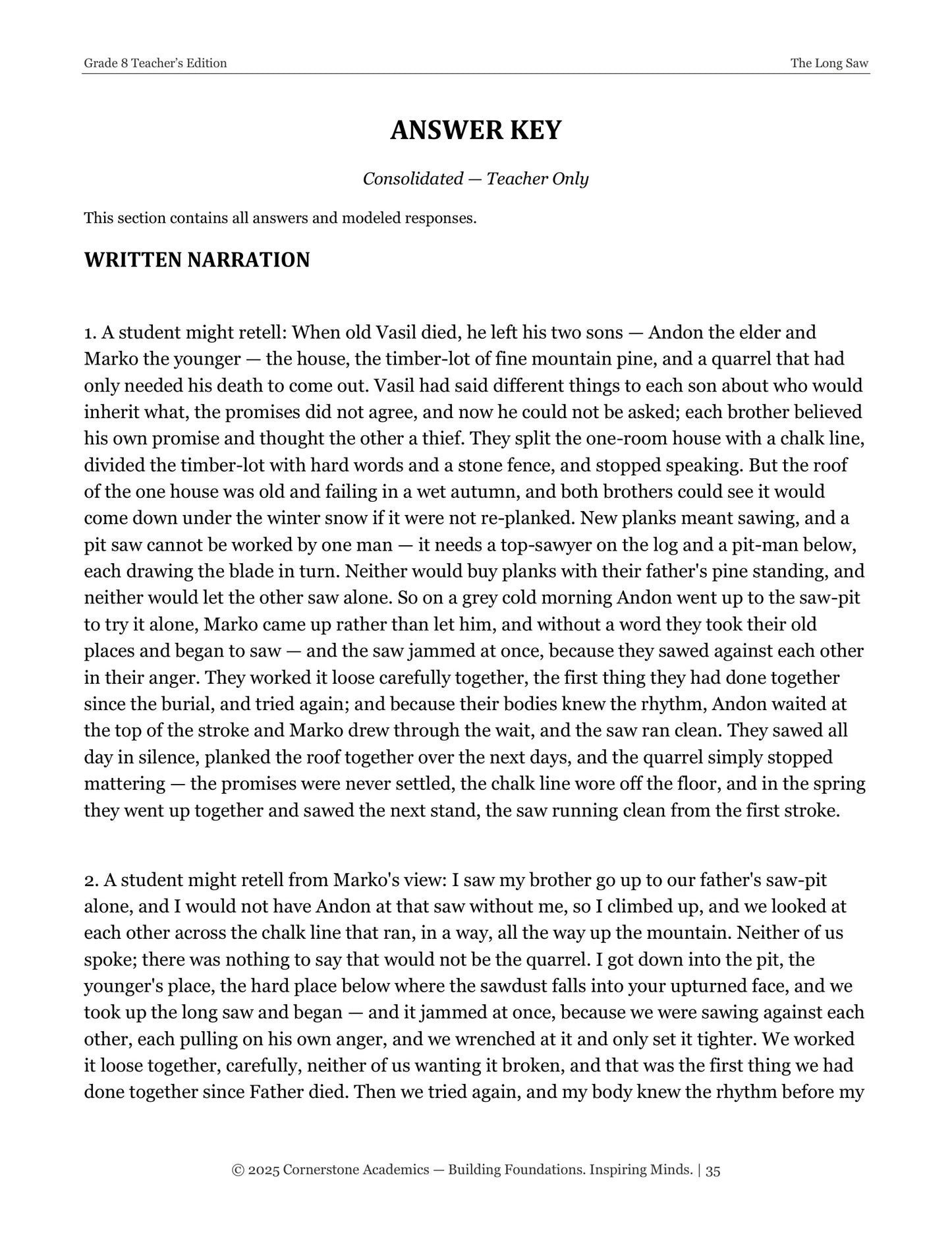 The Long Saw | Grade 8 Classical Literature Packet | Cornerstone Academics