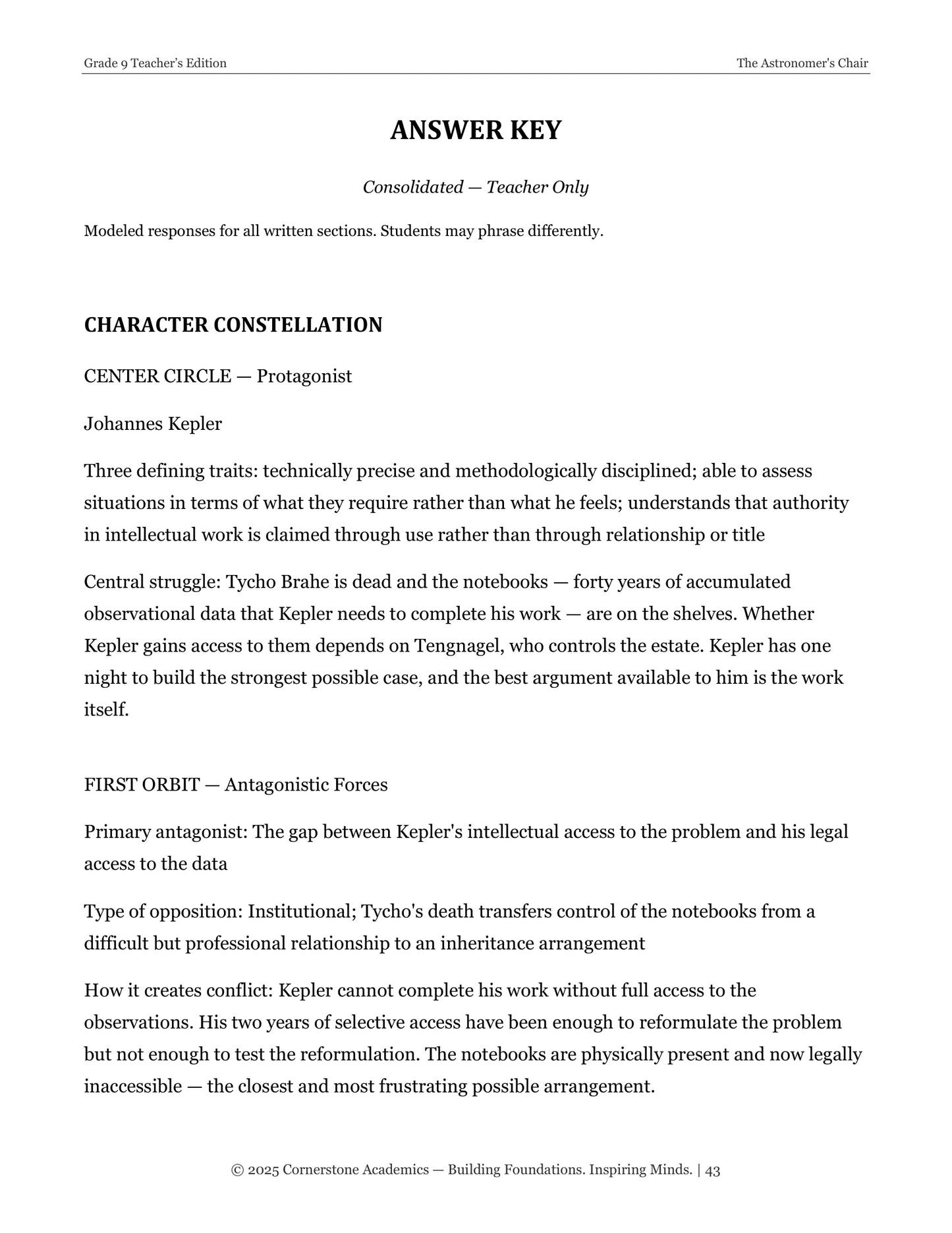 The Astronomer's Chair | Grade 9 Classical Literature Packet | Cornerstone Academics