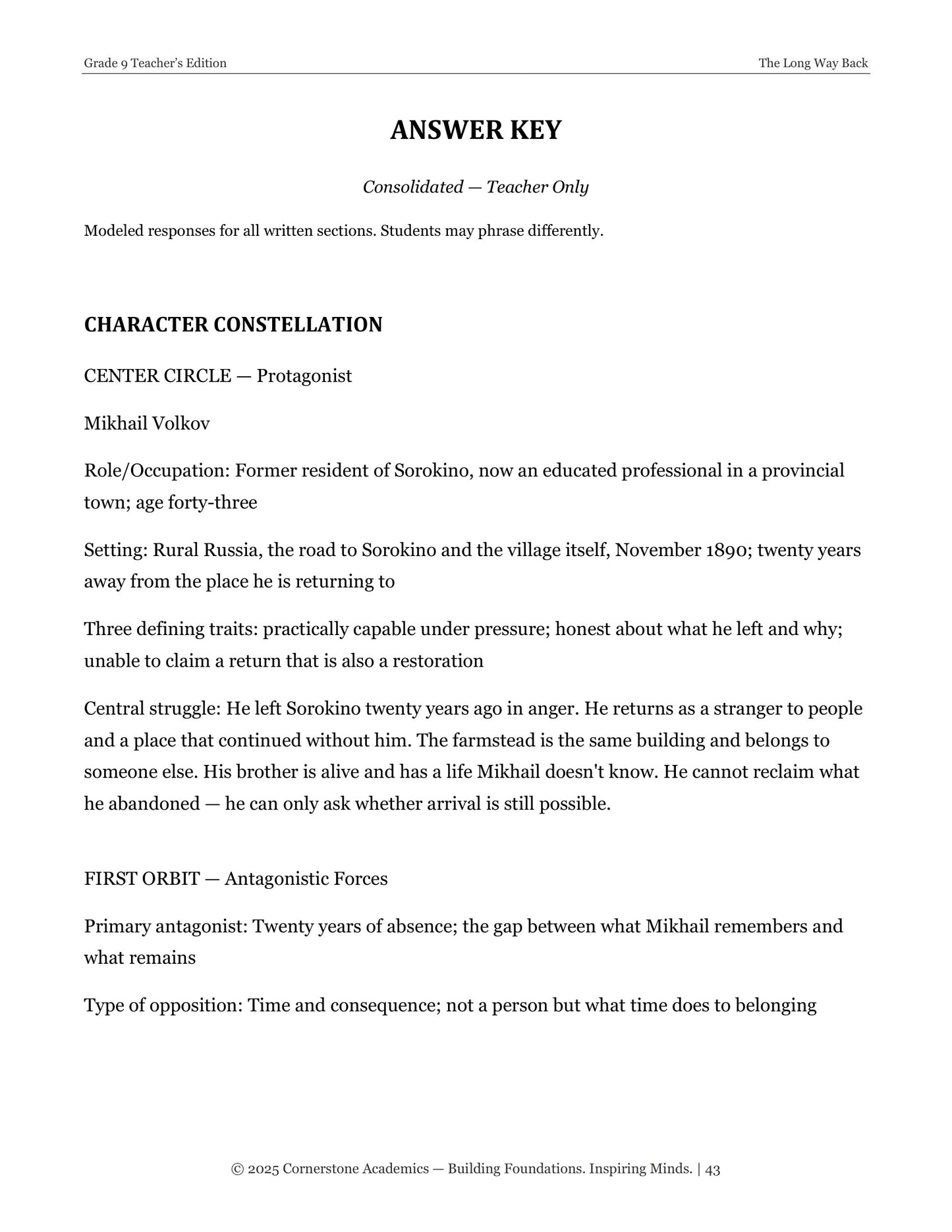 The Long Way Back | Grade 9 Classical Literature Packet | Cornerstone Academics