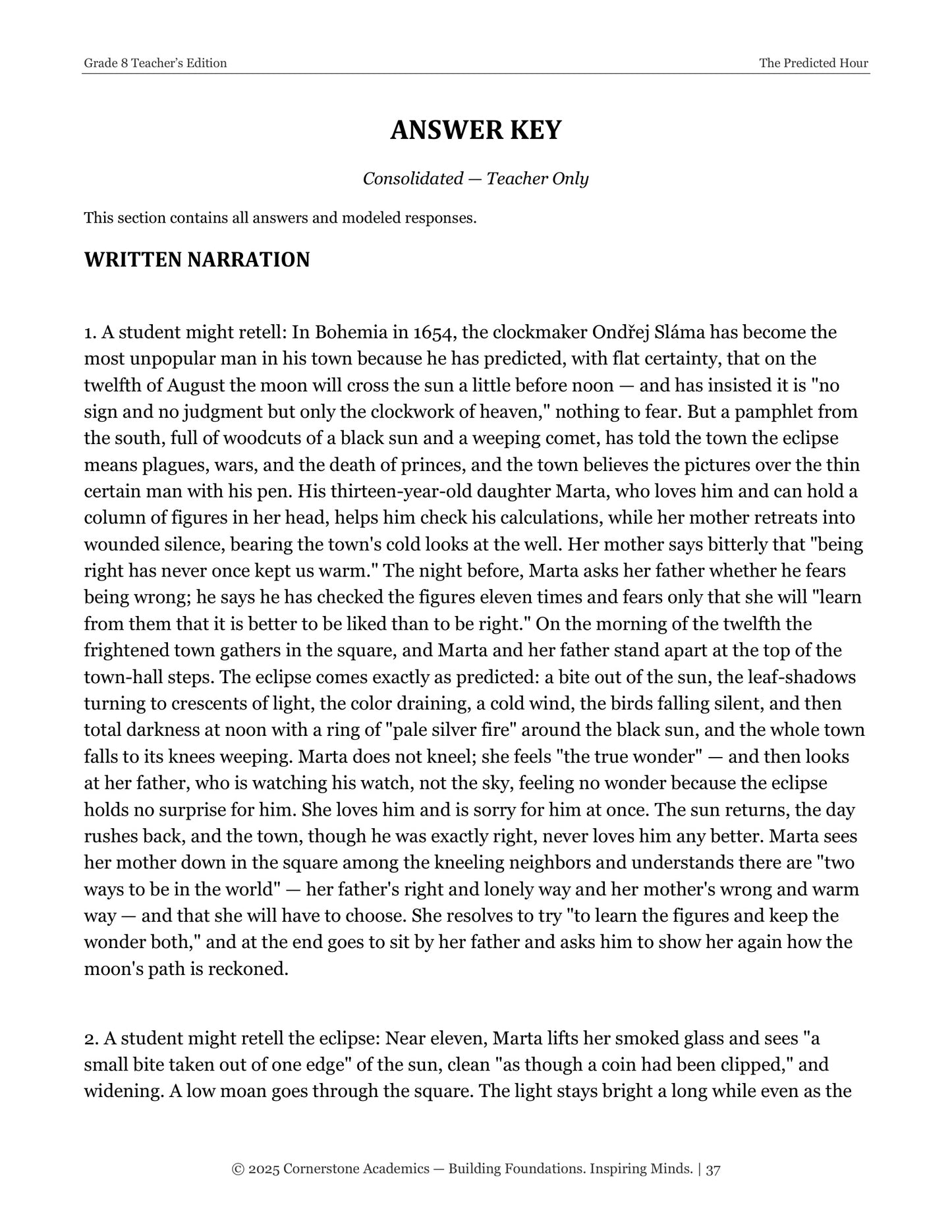The Predicted Hour | Grade 8 Classical Literature Packet | Cornerstone Academics